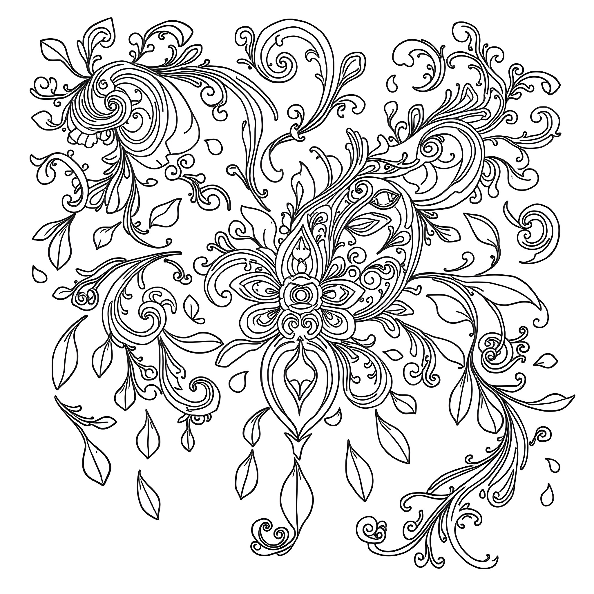 Paisley Floral Pattern with Ornamental Leaves and Swirls Coloring Page (free black-and-white line drawing printable PDF for all, from beginners to advanced learners, including children, teens, adults, and seniors)