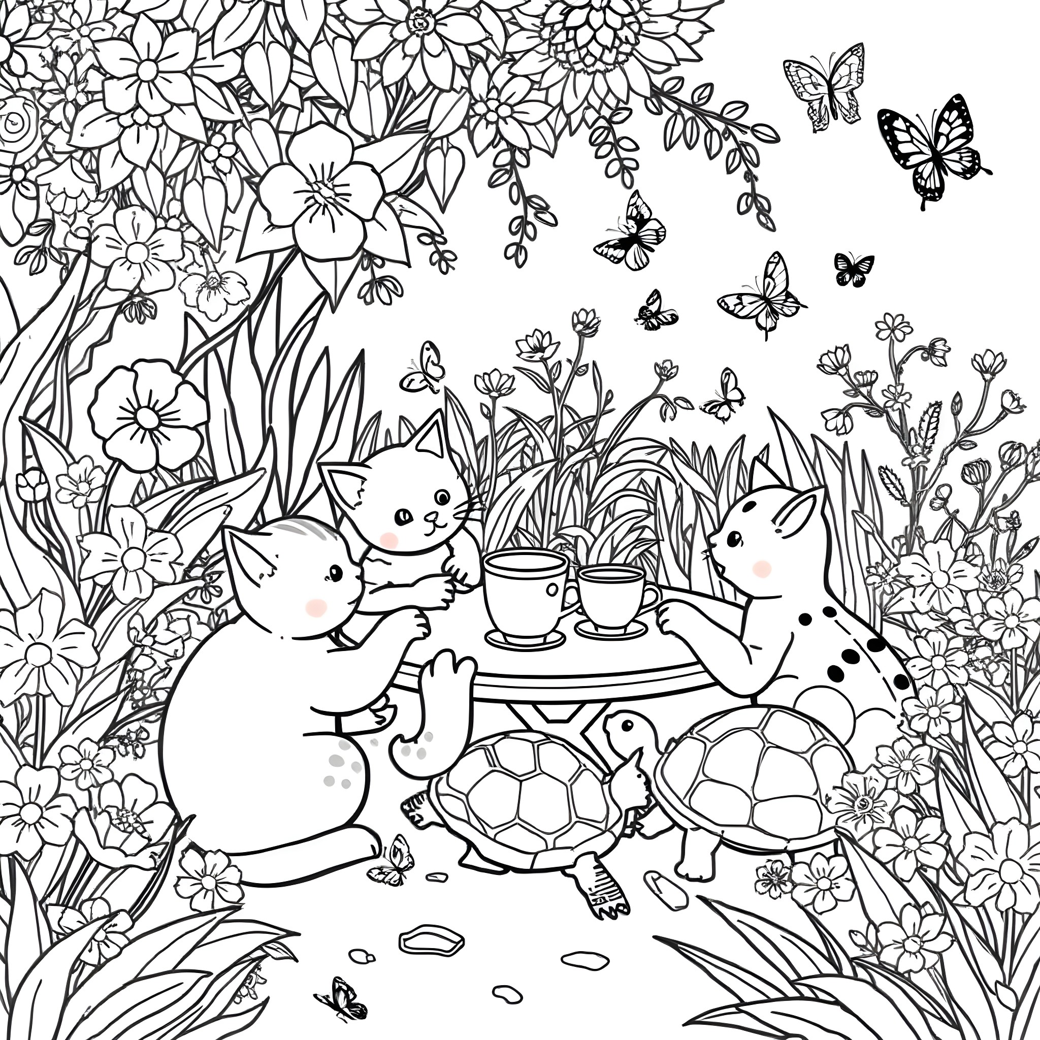Cats playing amidst floral garden with butterflies Coloring Page (free black-and-white line drawing printable PDF for all, from beginners to advanced learners, including children, teens, adults, and seniors)