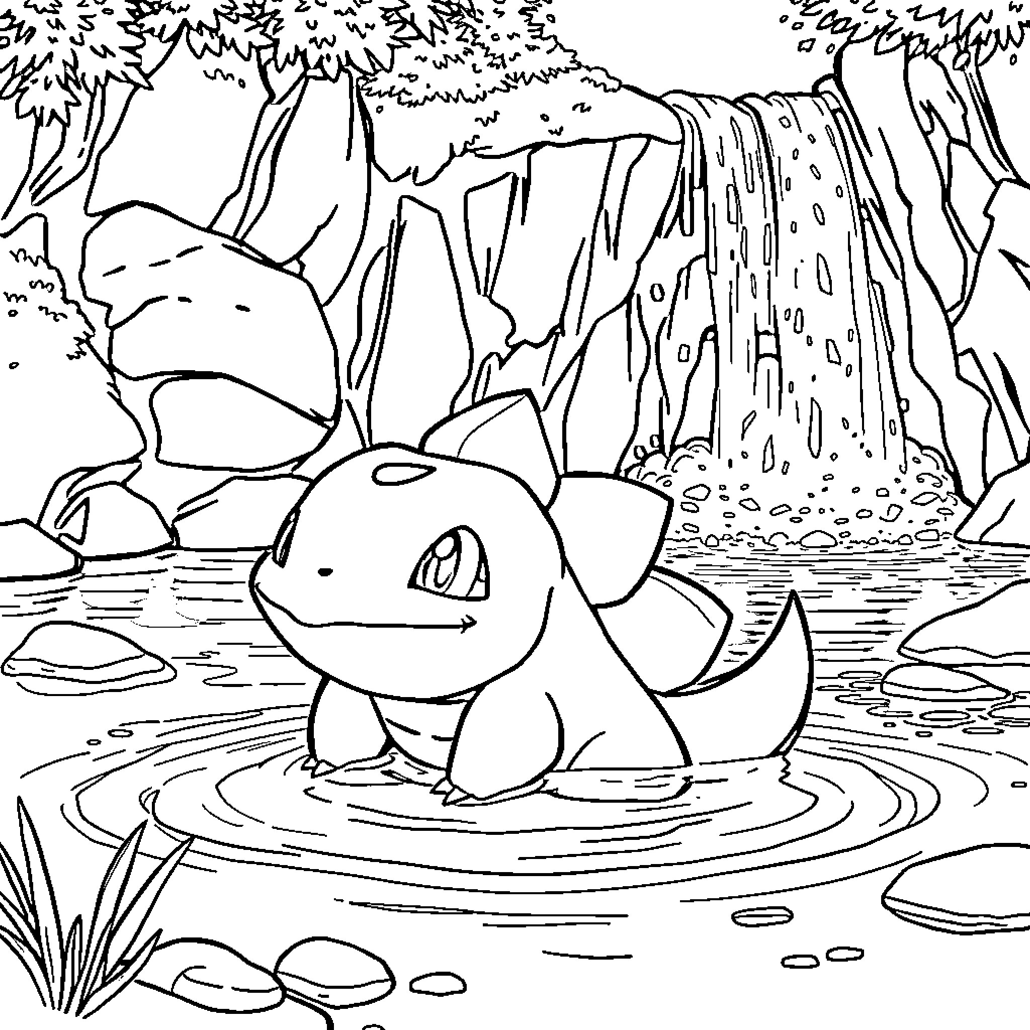 Bulbasaur relaxing in a serene natural environment Coloring Page (free black-and-white line drawing printable PDF for all, from beginners to advanced learners, including children, teens, adults, and seniors)