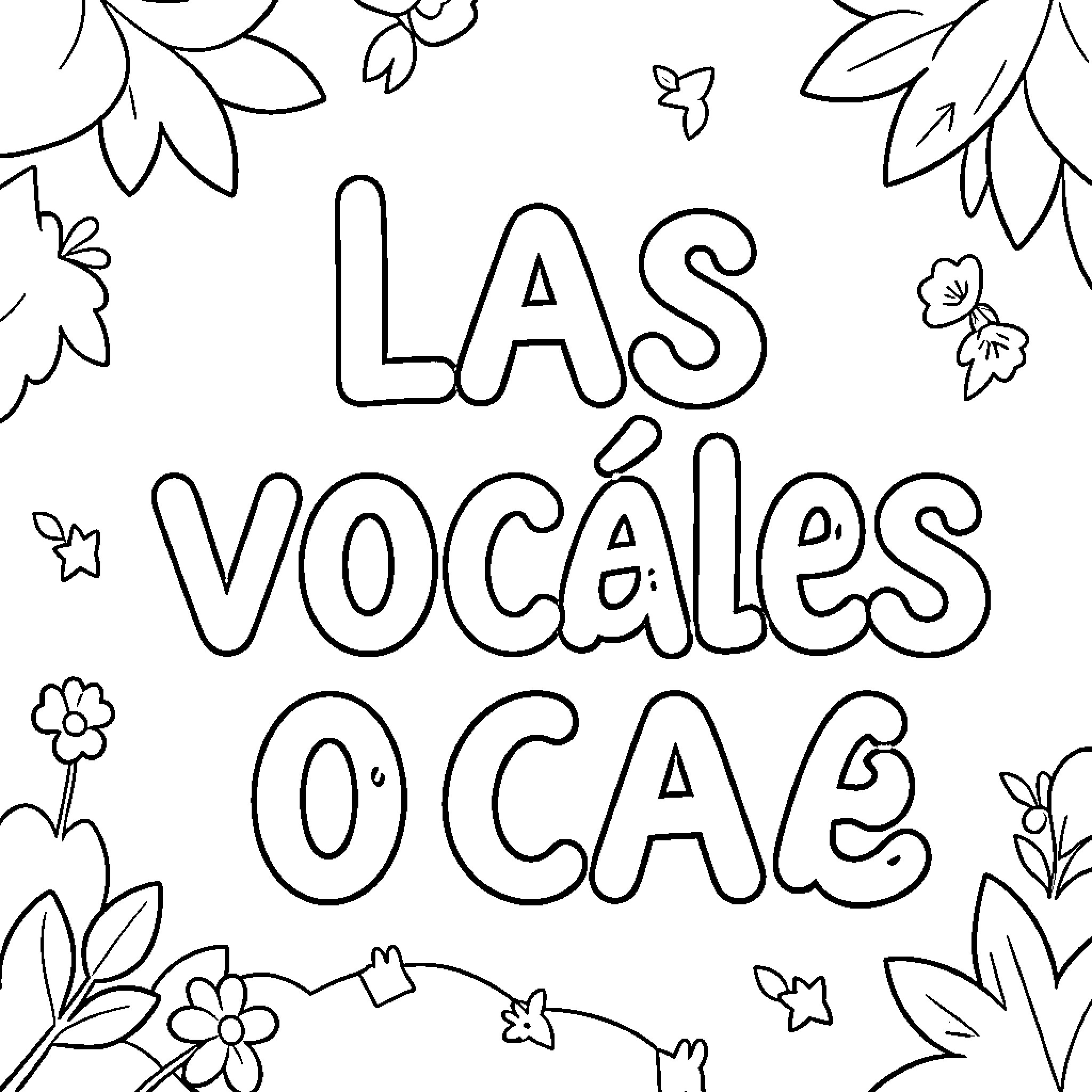 Vowels in Floral Accents Coloring Page (free black-and-white line drawing printable PDF for all, from beginners to advanced learners, including children, teens, adults, and seniors)