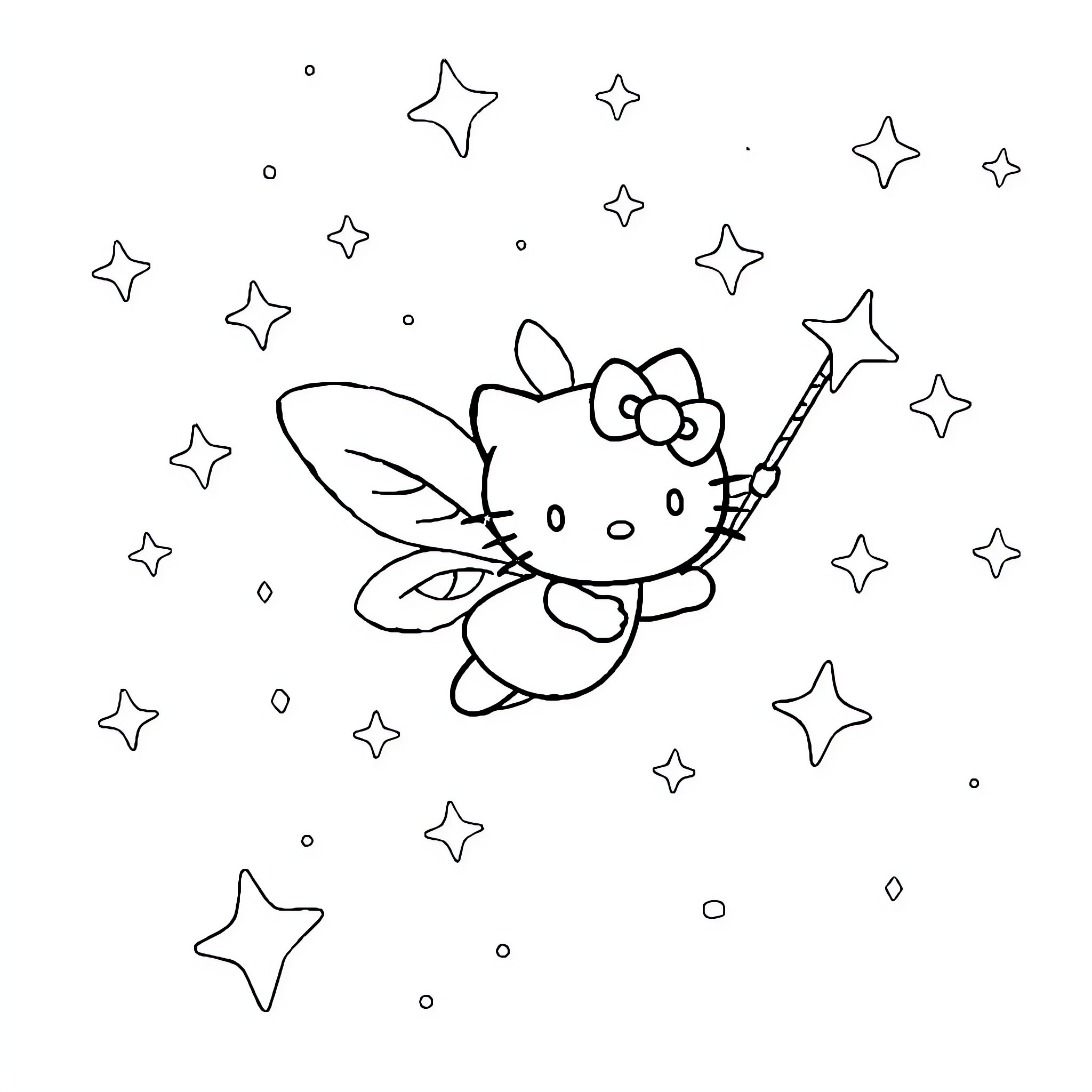 Hello Kitty casting magic with wand and stars Coloring Page (free black-and-white line drawing printable PDF for all, from beginners to advanced learners, including children, teens, adults, and seniors)