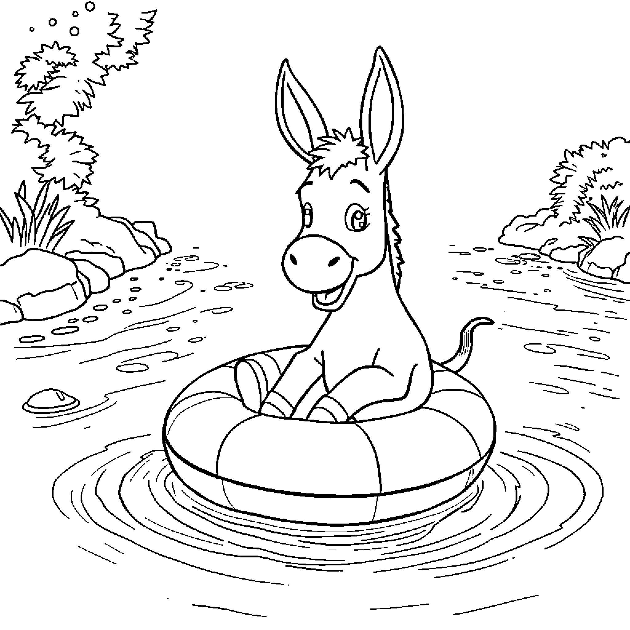 Donkey relaxing in a pond Coloring Page (free black-and-white line drawing printable PDF for all, from beginners to advanced learners, including children, teens, adults, and seniors)