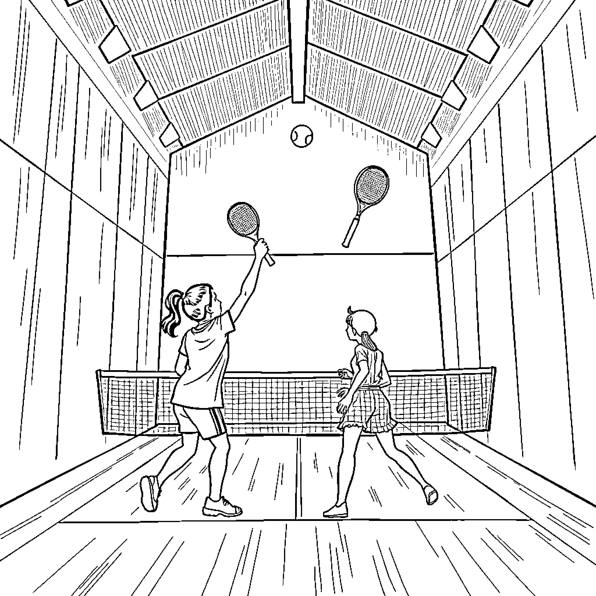 Krumi Enjoying Badminton at Sports Center Coloring Page (free black-and-white line drawing printable PDF for all, from beginners to advanced learners, including children, teens, adults, and seniors)