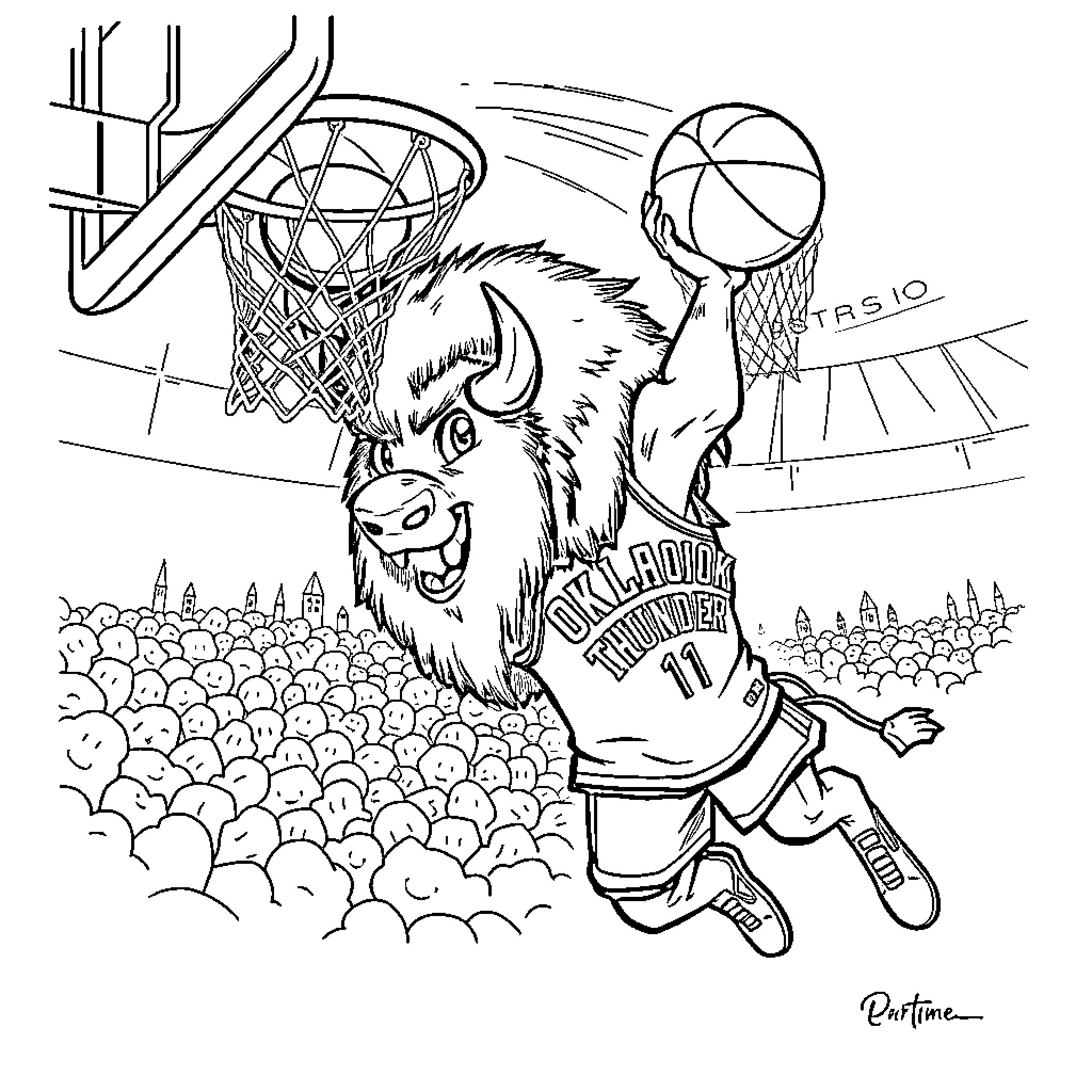 Bison basketball player dunking excitedly on court Coloring Page (free black-and-white line drawing printable PDF for all, from beginners to advanced learners, including children, teens, adults, and seniors)