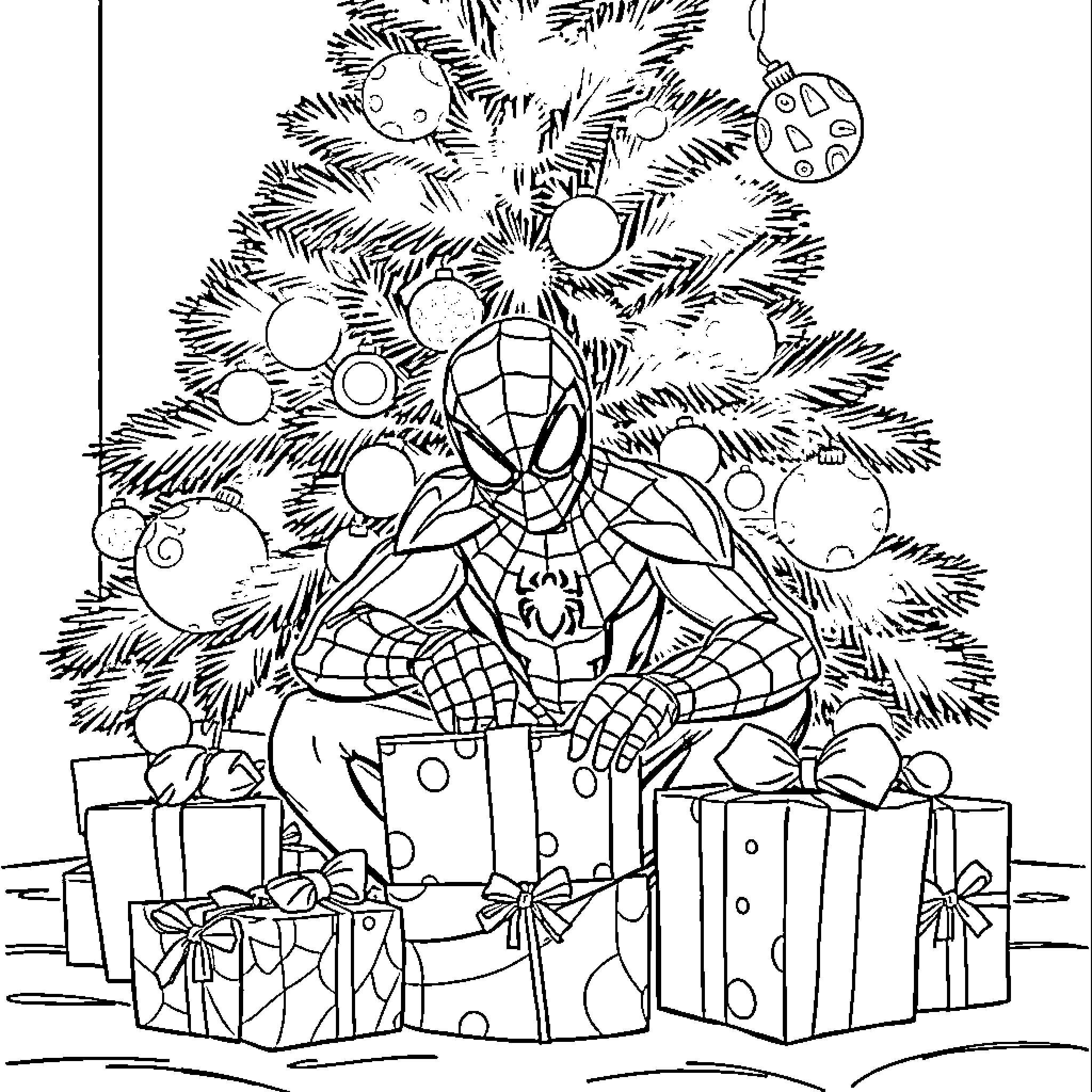 Spider-Man decorating Christmas tree with ornaments Coloring Page (free black-and-white line drawing printable PDF for all, from beginners to advanced learners, including children, teens, adults, and seniors)
