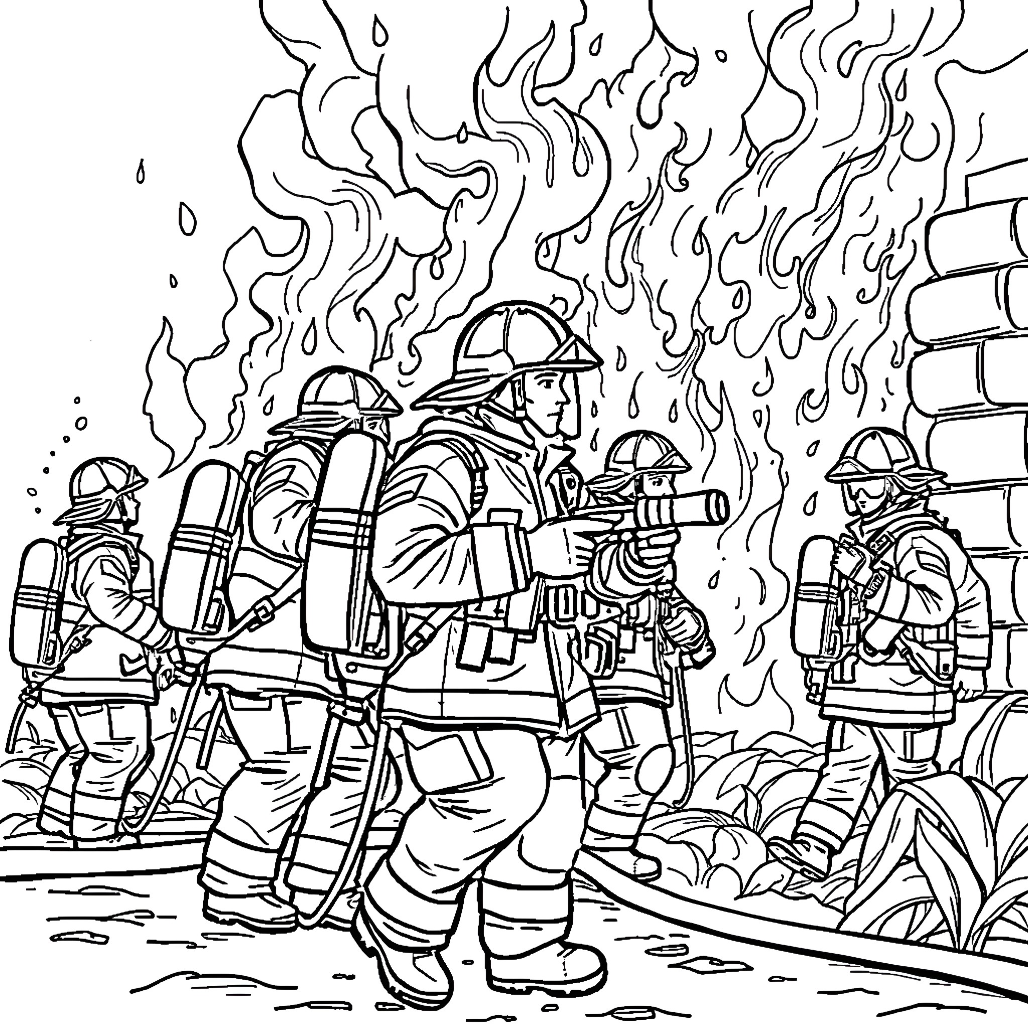 Firefighters battling a blaze with determination Coloring Page (free black-and-white line drawing printable PDF for all, from beginners to advanced learners, including children, teens, adults, and seniors)