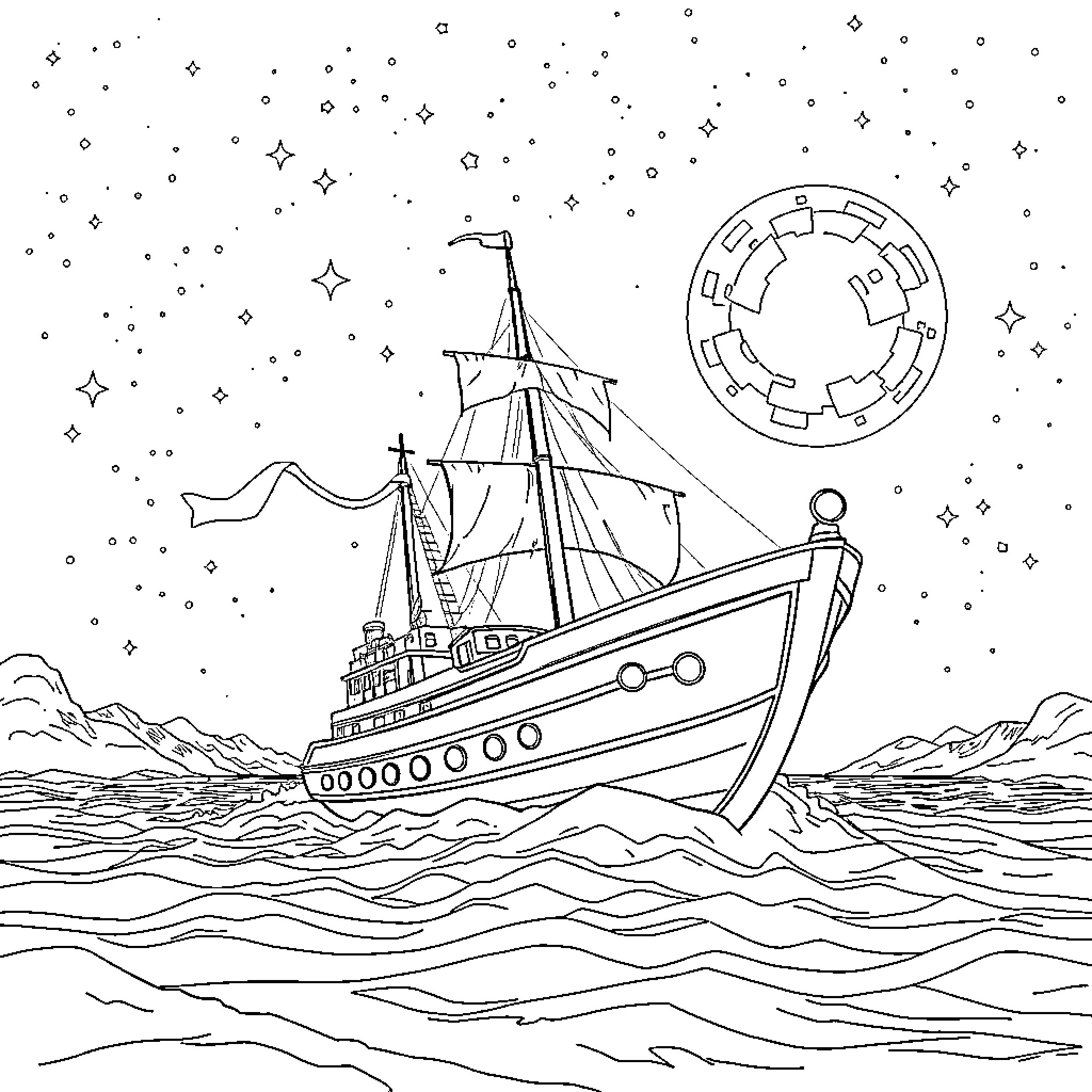 Nave Espacial sailing through starry night skies Coloring Page (free black-and-white line drawing printable PDF for all, from beginners to advanced learners, including children, teens, adults, and seniors)