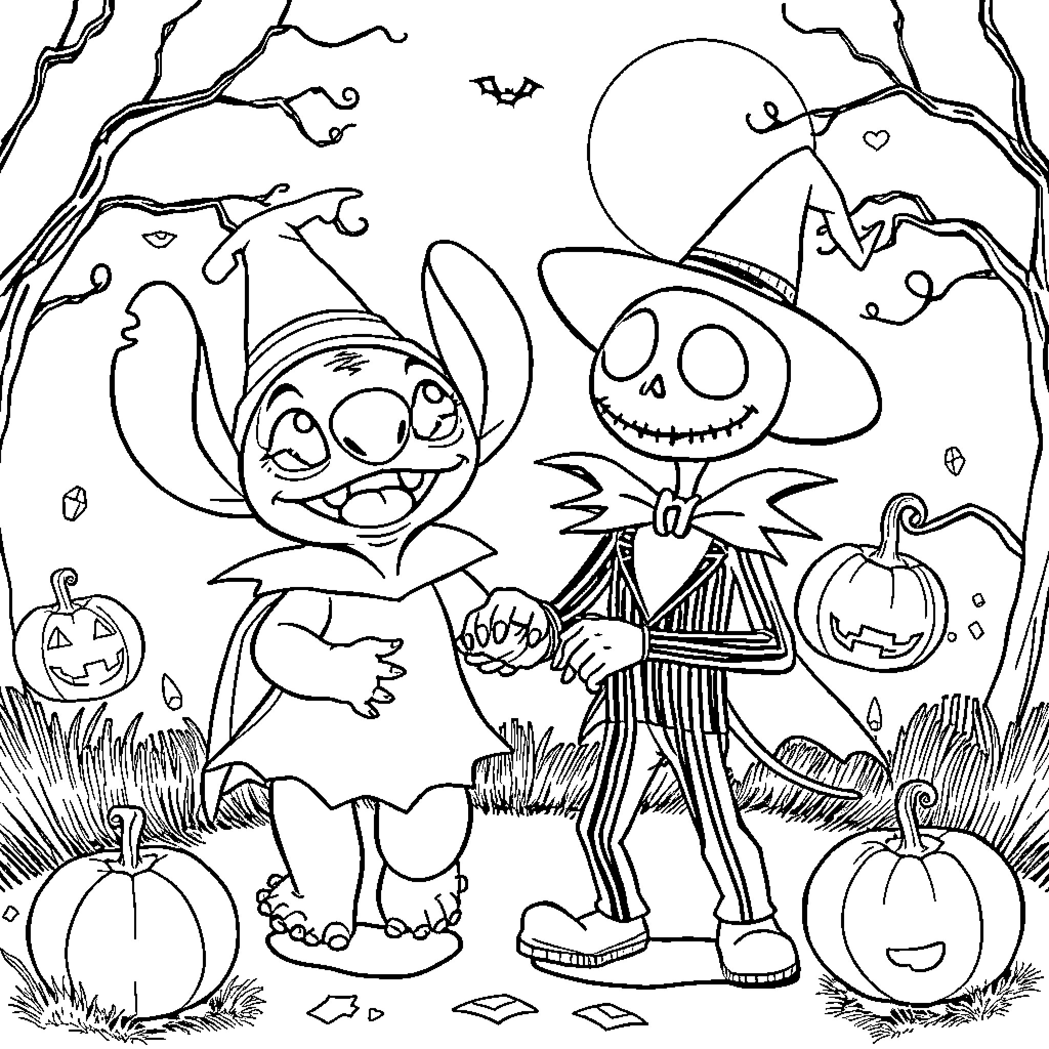 Stitch and Jack Skellington Celebrate Halloween Coloring Page (free black-and-white line drawing printable PDF for all, from beginners to advanced learners, including children, teens, adults, and seniors)