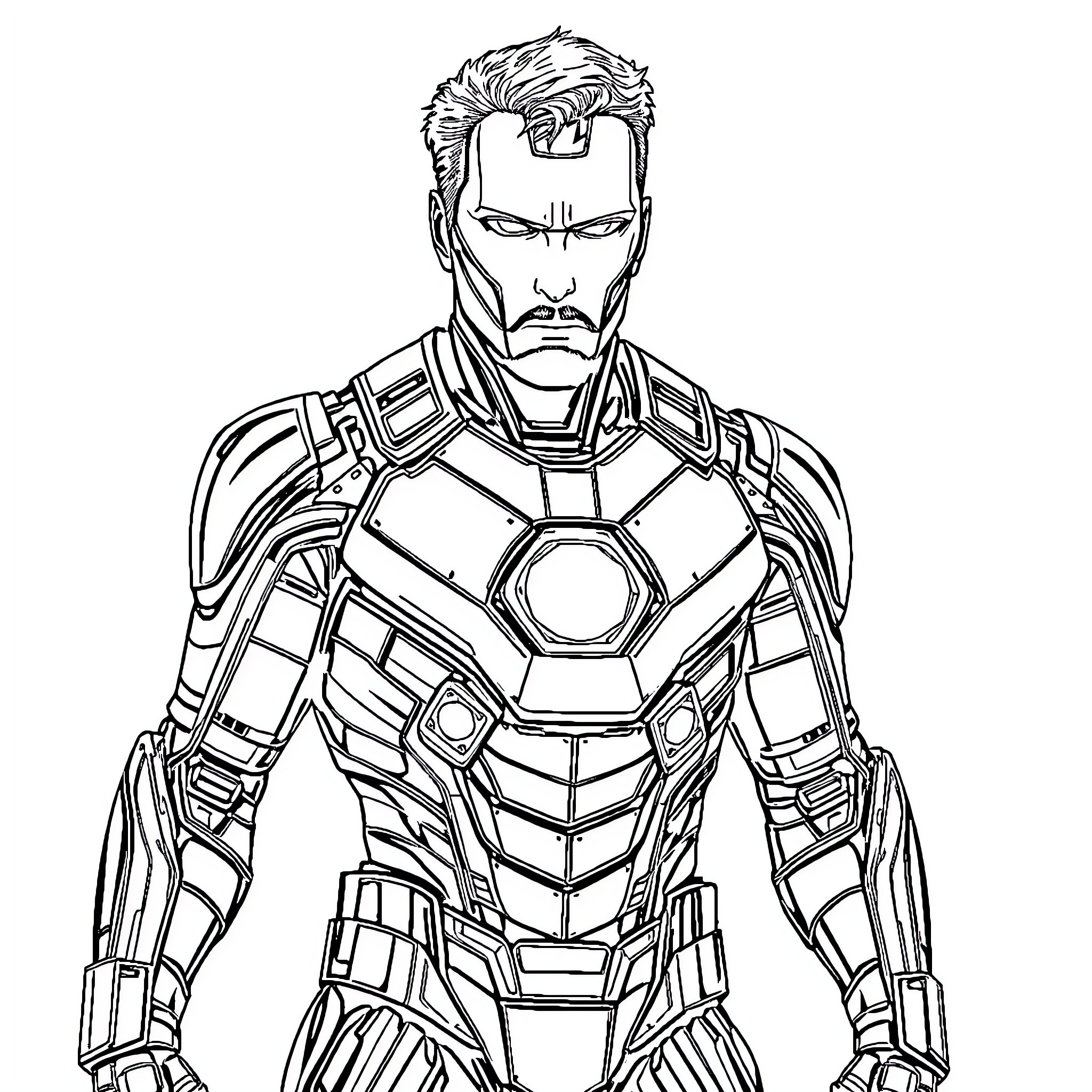 Tony Stark in heroic Iron Man suit Coloring Page (free black-and-white line drawing printable PDF for all, from beginners to advanced learners, including children, teens, adults, and seniors)