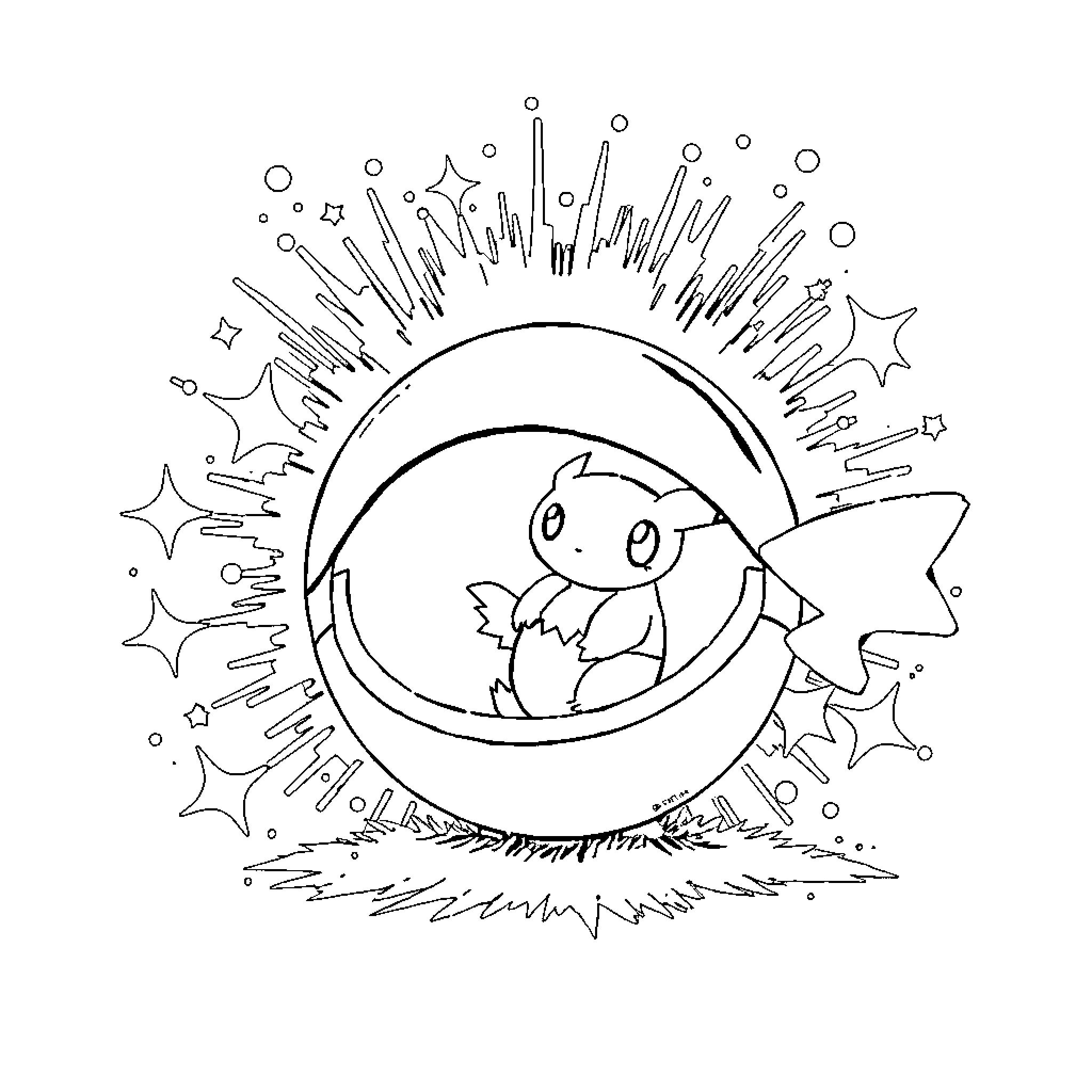 Pokémon Celebration in the Starry Night Sky Coloring Page (free black-and-white line drawing printable PDF for all, from beginners to advanced learners, including children, teens, adults, and seniors)