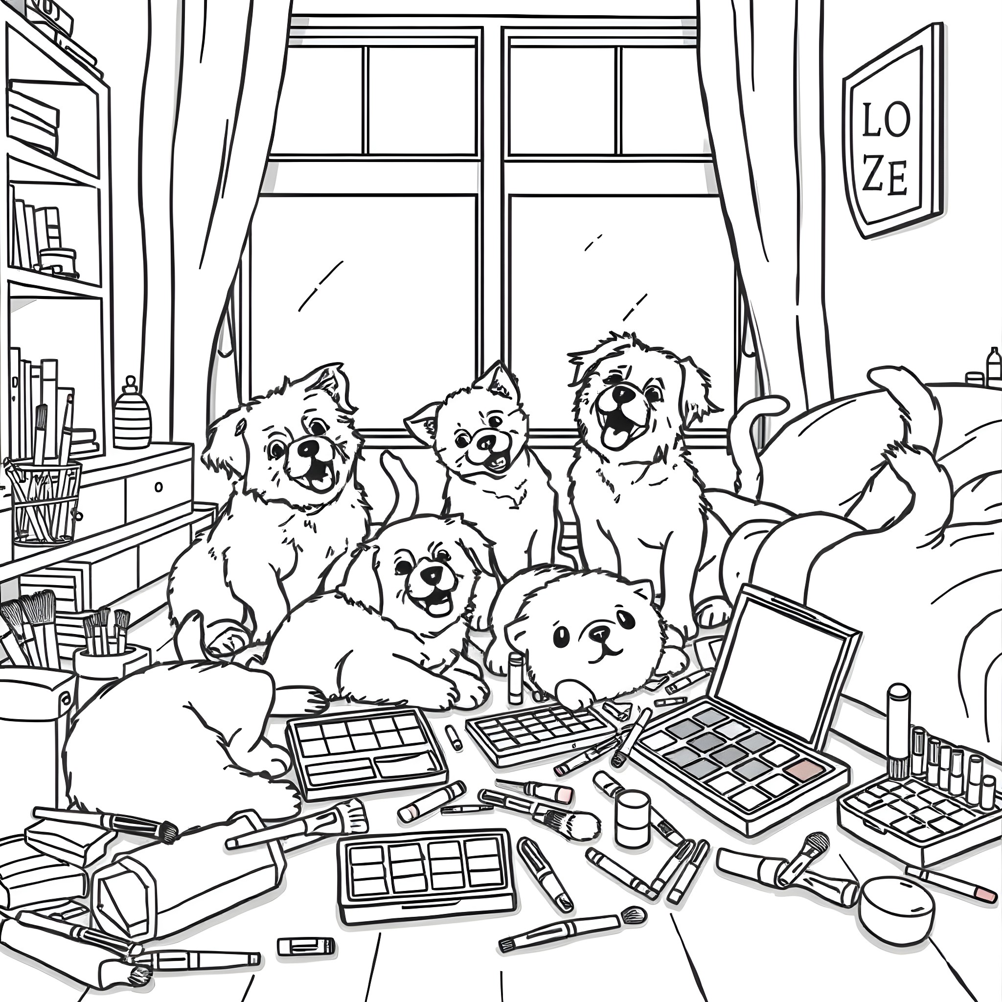 Dog Friends Enjoying a Cozy Day Indoors Coloring Page (free black-and-white line drawing printable PDF for all, from beginners to advanced learners, including children, teens, adults, and seniors)
