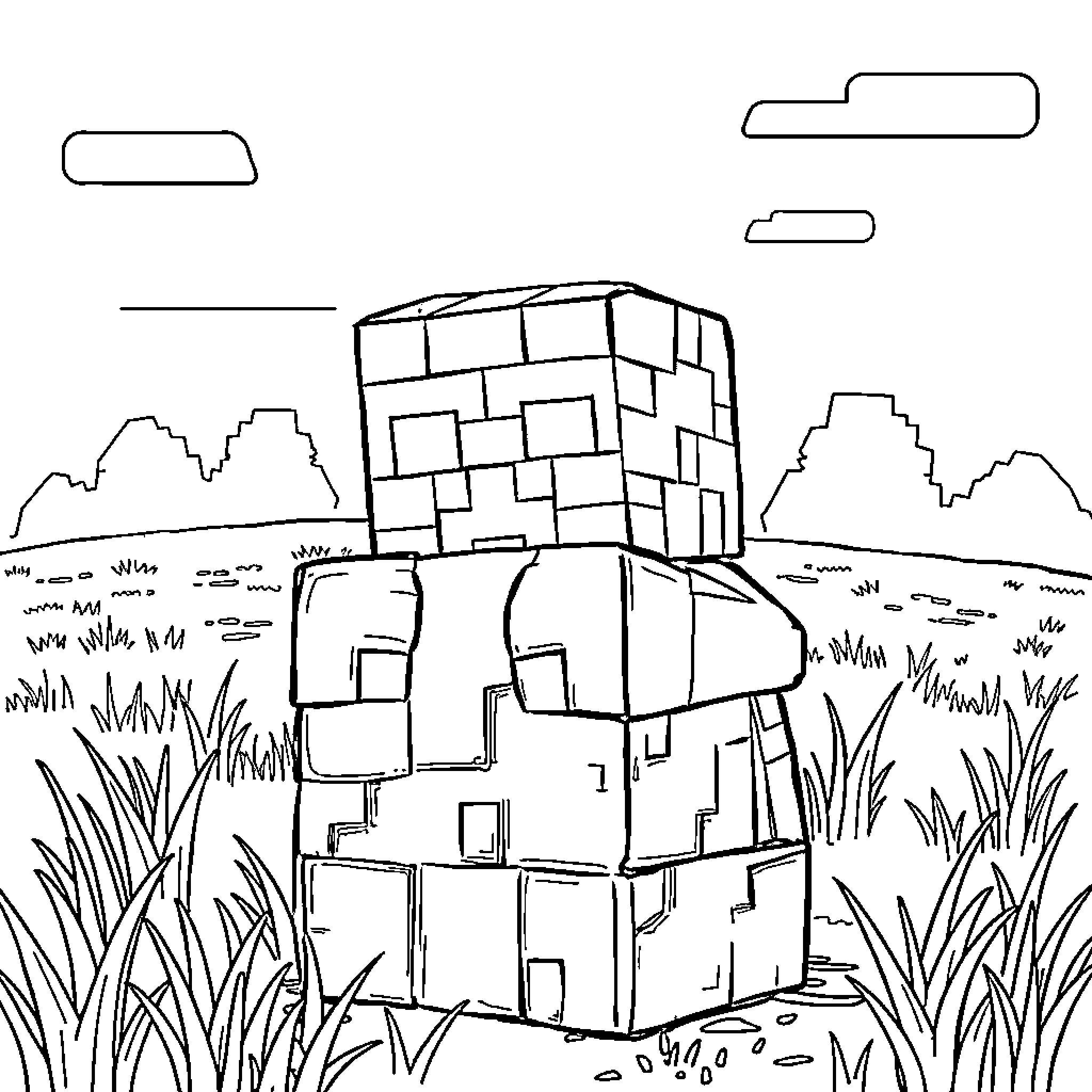 Creeper exploring the blocky wilderness Coloring Page (free black-and-white line drawing printable PDF for all, from beginners to advanced learners, including children, teens, adults, and seniors)