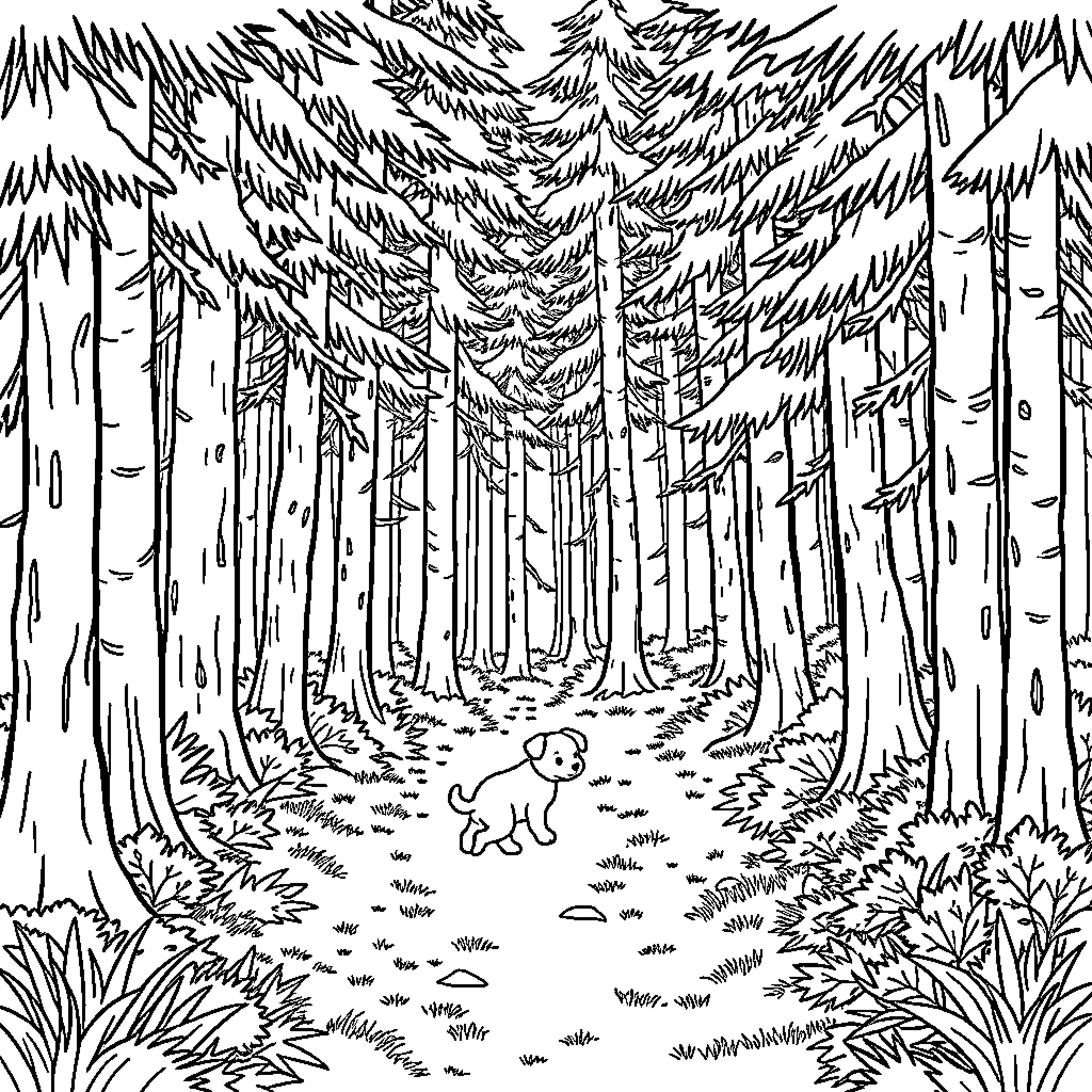 Puppy exploring the enchanting forest Coloring Page (free black-and-white line drawing printable PDF for all, from beginners to advanced learners, including children, teens, adults, and seniors)