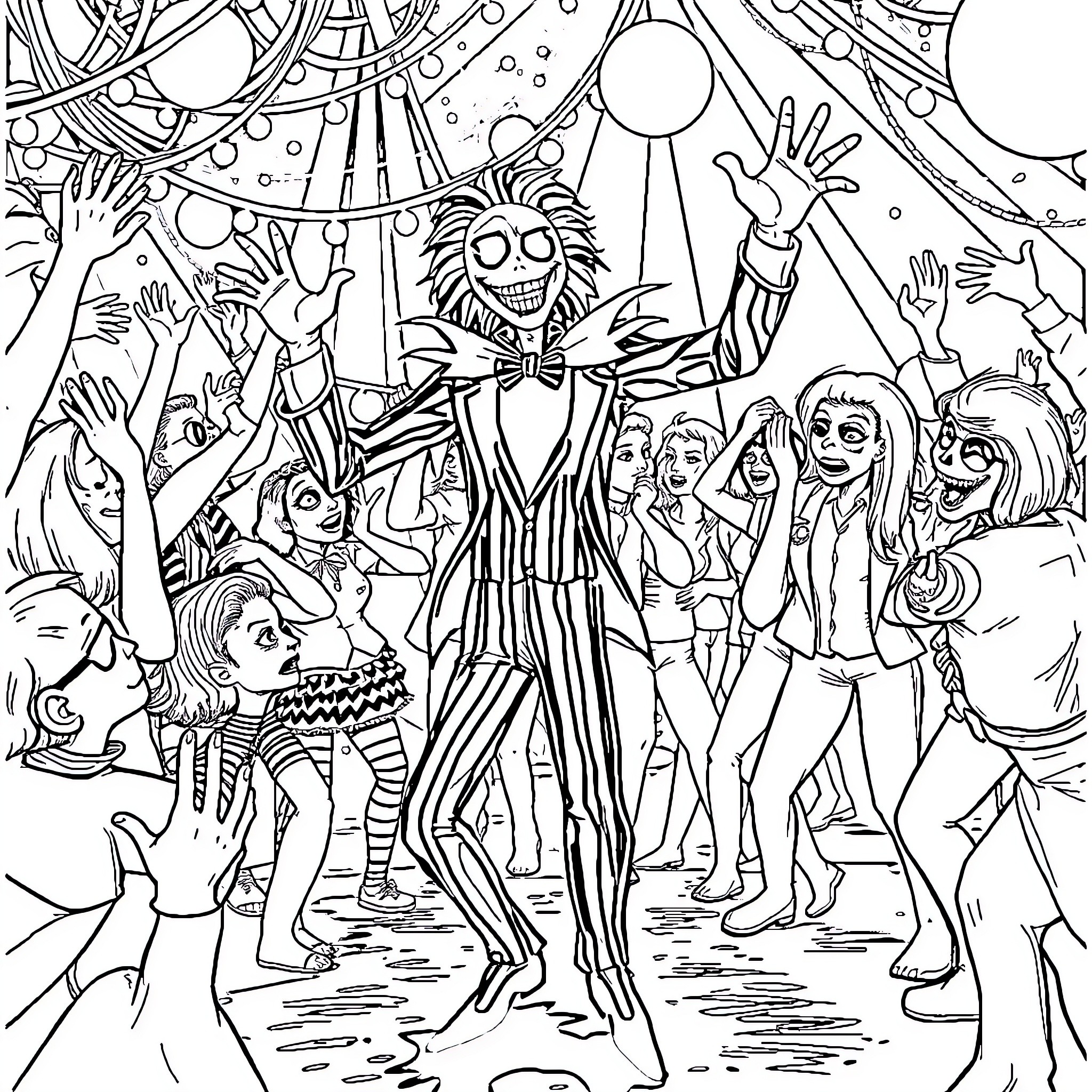 Beetlejuice's Bizarre Carnival Celebration Coloring Page (free black-and-white line drawing printable PDF for all, from beginners to advanced learners, including children, teens, adults, and seniors)