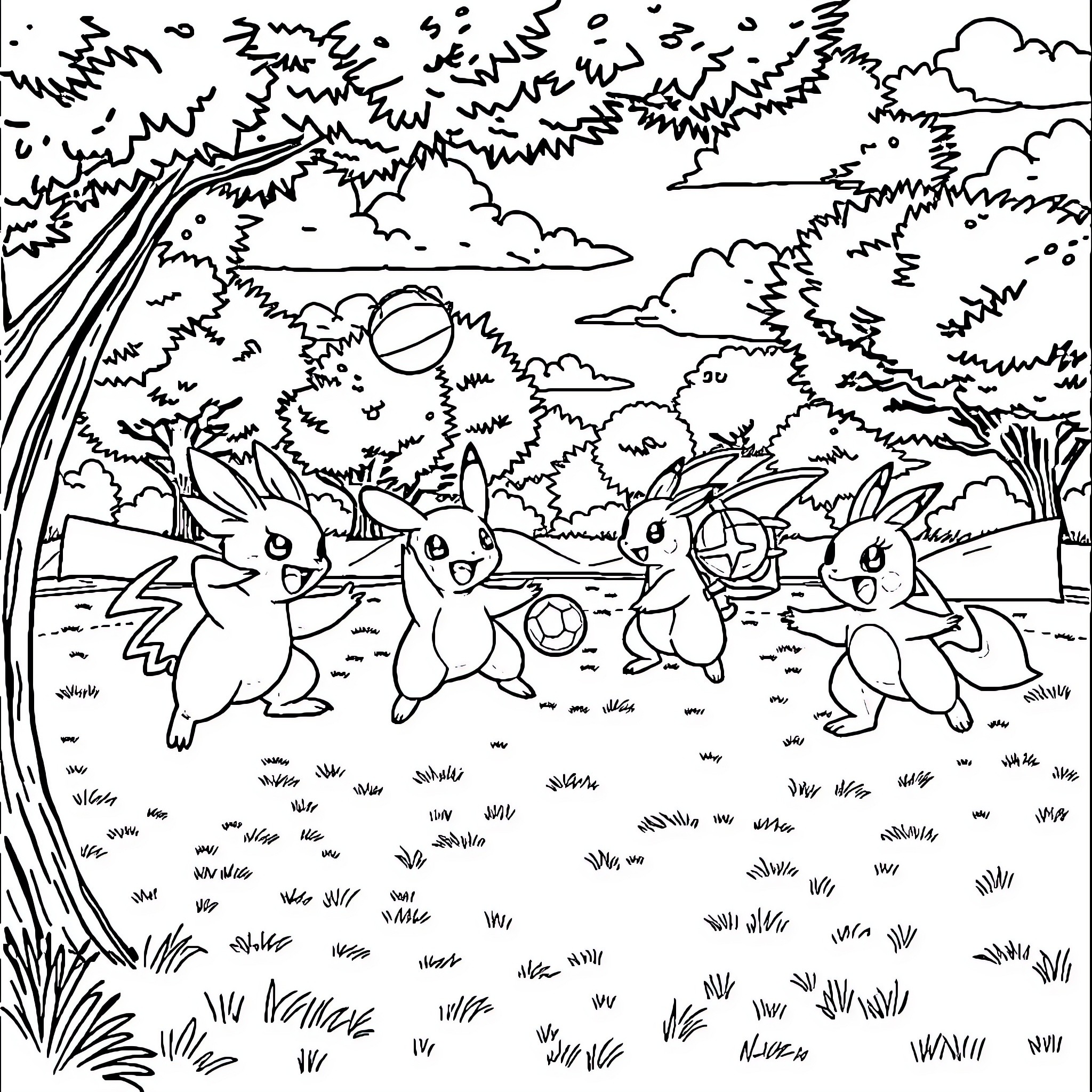 Pokémon Playing Together in Vibrant Nature Scene Coloring Page (free black-and-white line drawing printable PDF for all, from beginners to advanced learners, including children, teens, adults, and seniors)