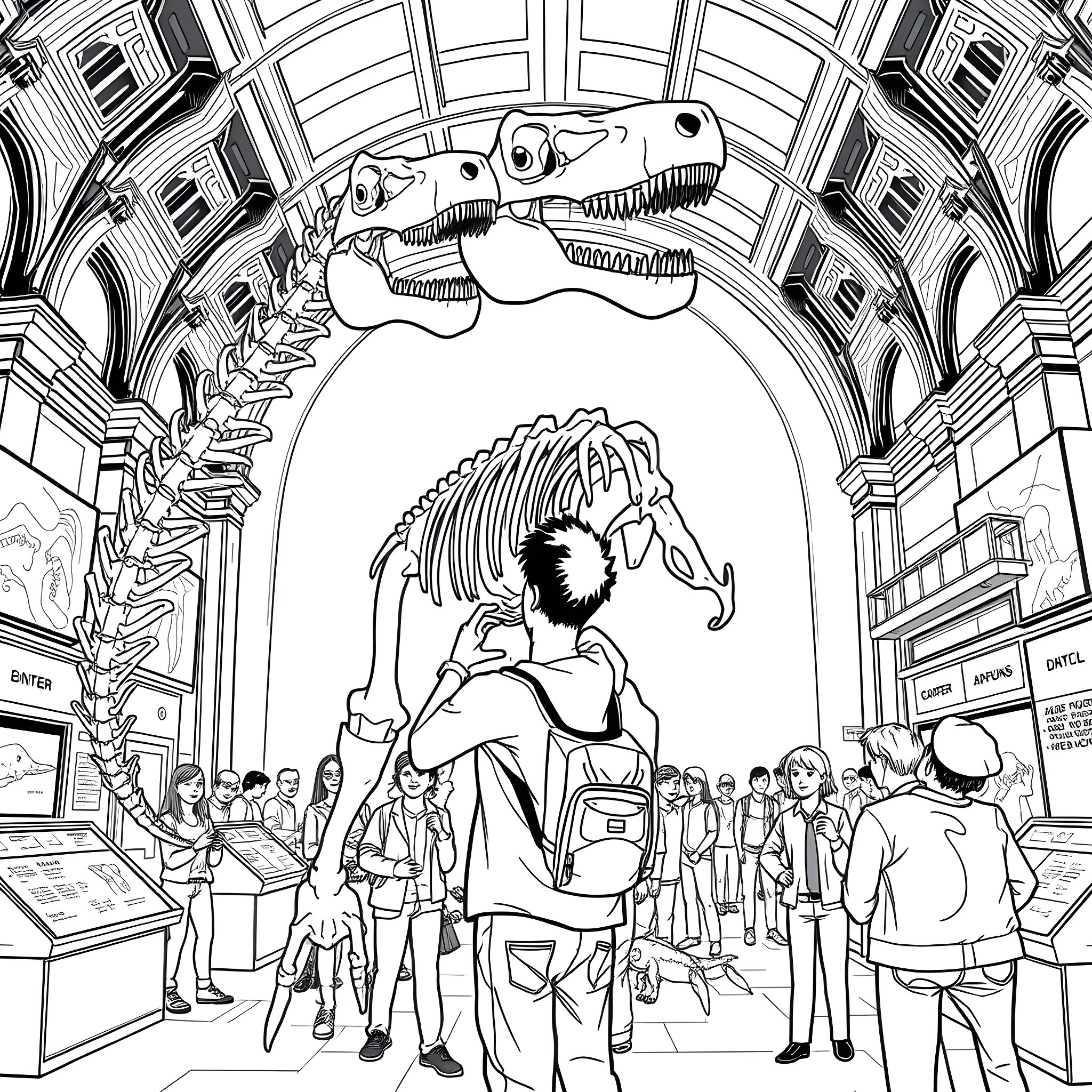 Ross Geller explores the dinosaur exhibit at the museum Coloring Page (free black-and-white line drawing printable PDF for all, from beginners to advanced learners, including children, teens, adults, and seniors)