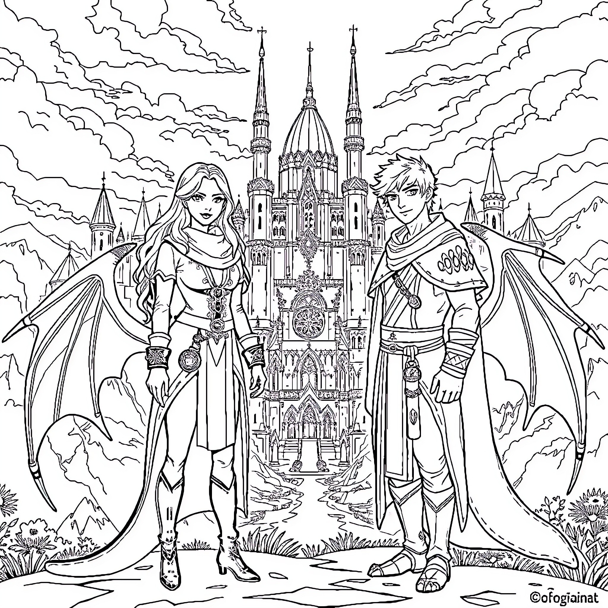 Dragon Prince and Princess in Fantasy Castle Landscape Coloring Page (free black-and-white line drawing printable PDF for all, from beginners to advanced learners, including children, teens, adults, and seniors)