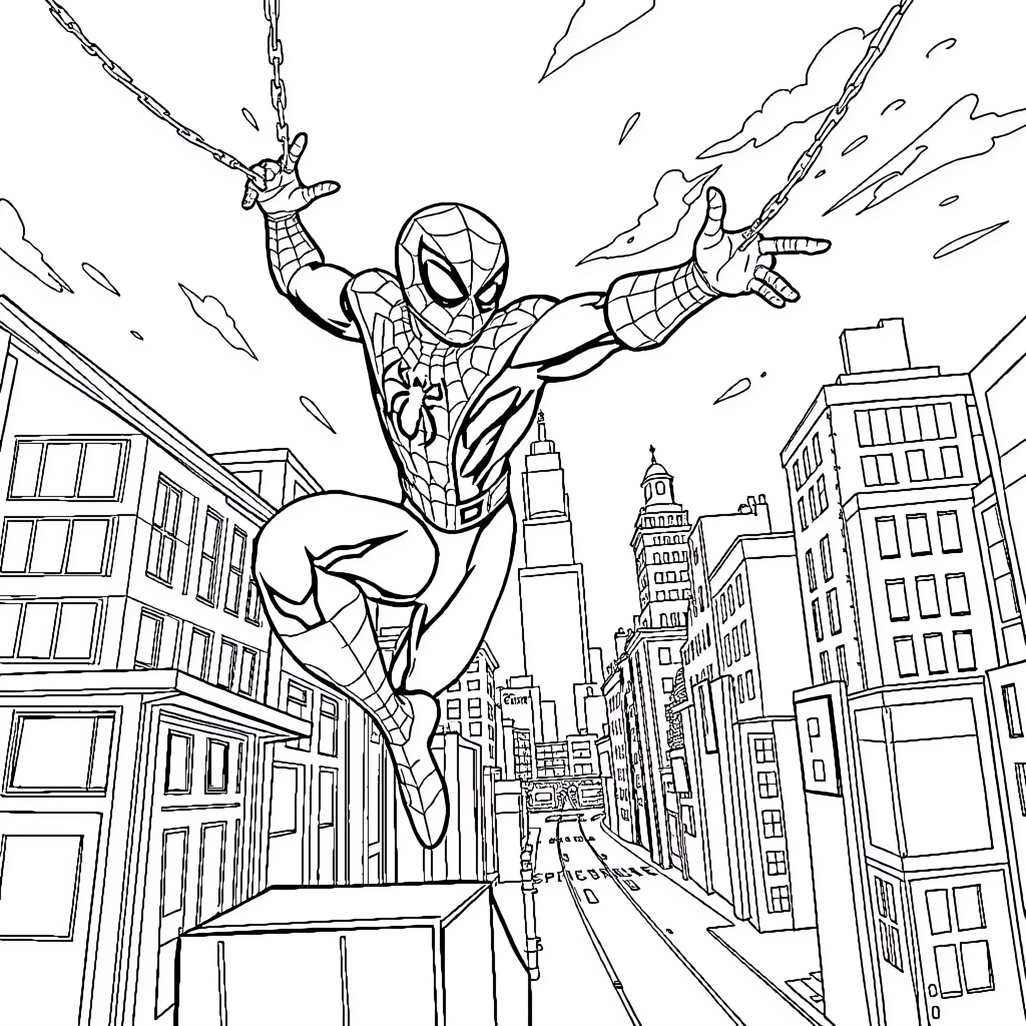 Spiderman swinging through the cityscape in action Coloring Page (free black-and-white line drawing printable PDF for all, from beginners to advanced learners, including children, teens, adults, and seniors)