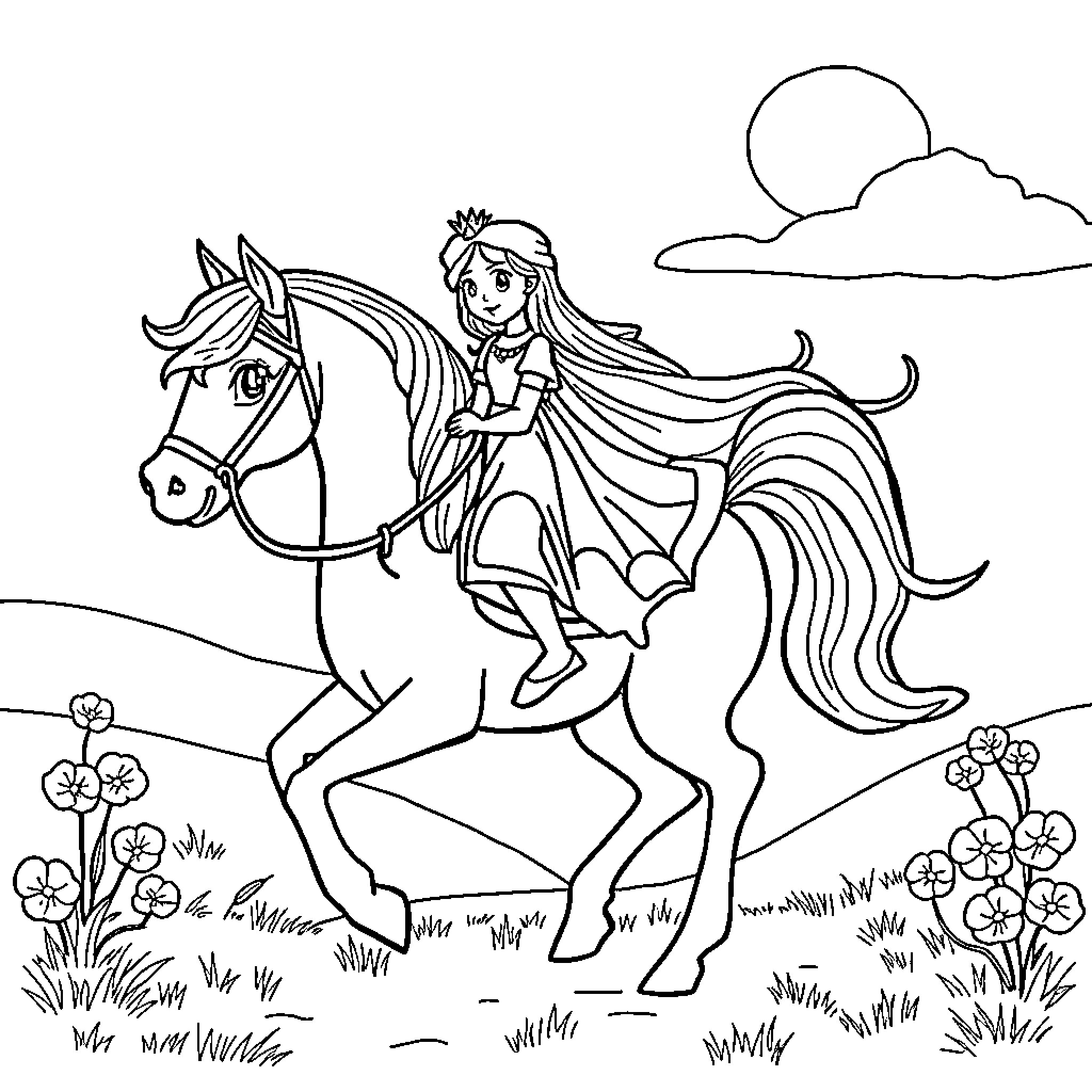 Princess Riding Her Majestic Horse in the Meadow Coloring Page (free black-and-white line drawing printable PDF for all, from beginners to advanced learners, including children, teens, adults, and seniors)