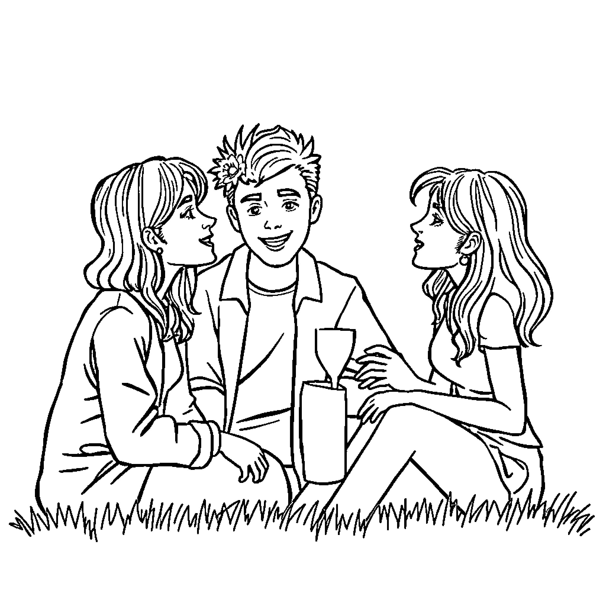 Friend's Casual Picnic Outing in the Park Coloring Page (free black-and-white line drawing printable PDF for all, from beginners to advanced learners, including children, teens, adults, and seniors)
