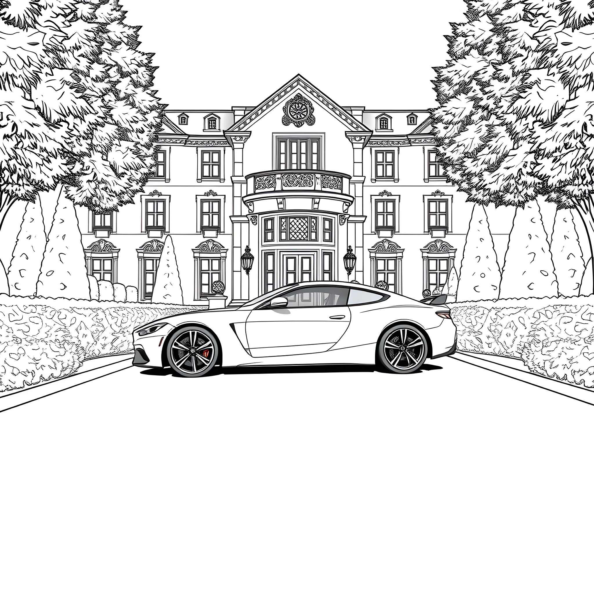 Car parked in front of grand mansion Coloring Page (free black-and-white line drawing printable PDF for all, from beginners to advanced learners, including children, teens, adults, and seniors)