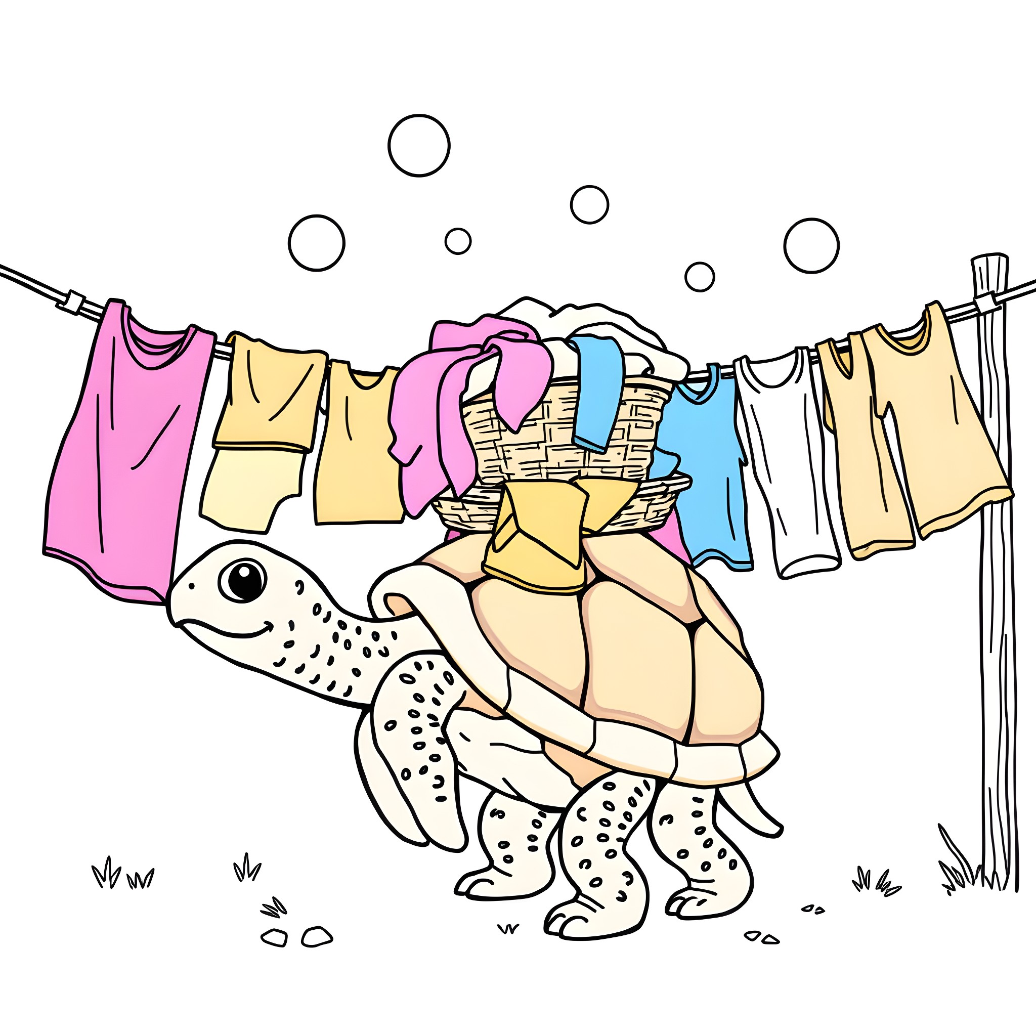 Turtle enjoying a sunny day with freshly washed clothes Coloring Page (free black-and-white line drawing printable PDF for all, from beginners to advanced learners, including children, teens, adults, and seniors)