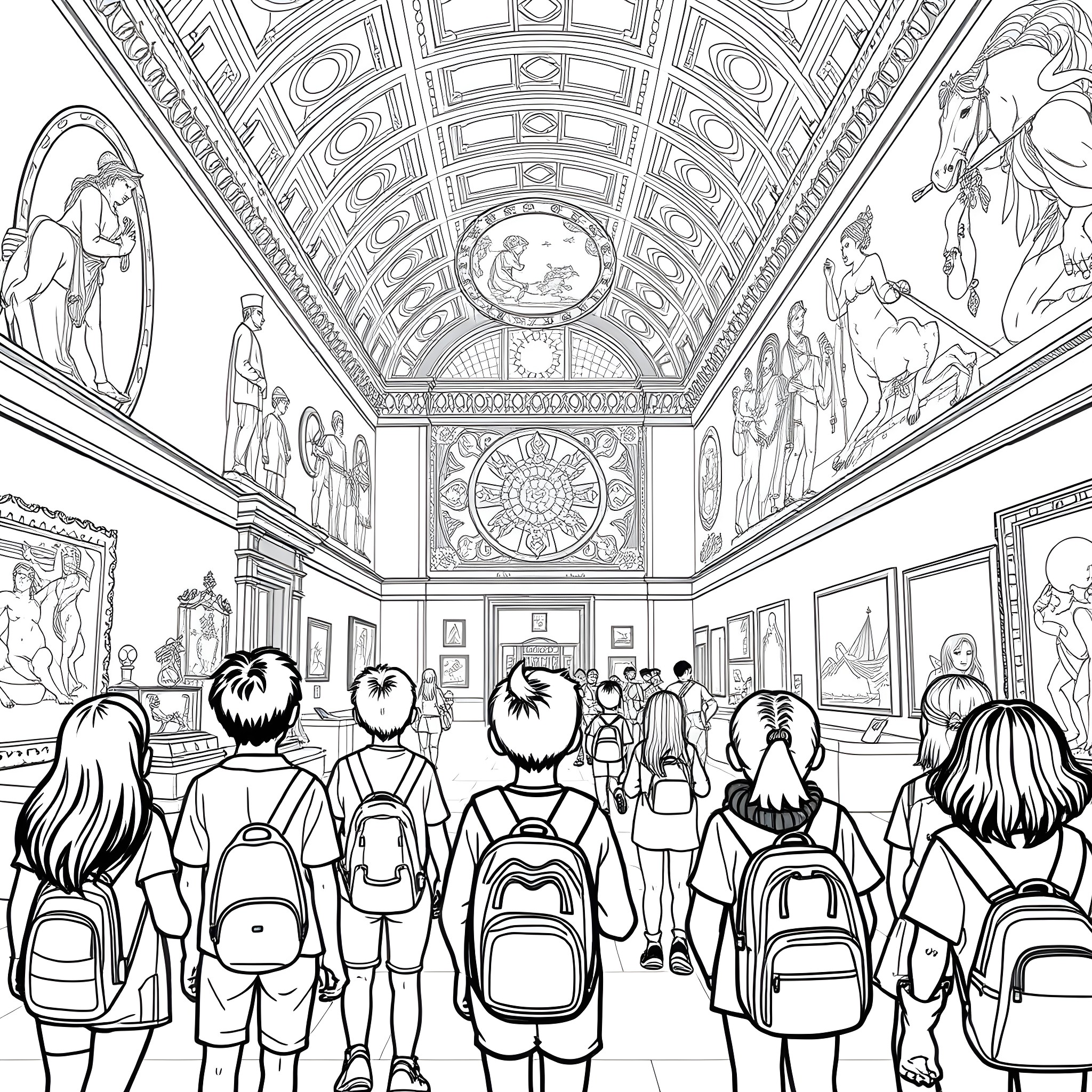 Students exploring an ornate and historic school building Coloring Page (free black-and-white line drawing printable PDF for all, from beginners to advanced learners, including children, teens, adults, and seniors)