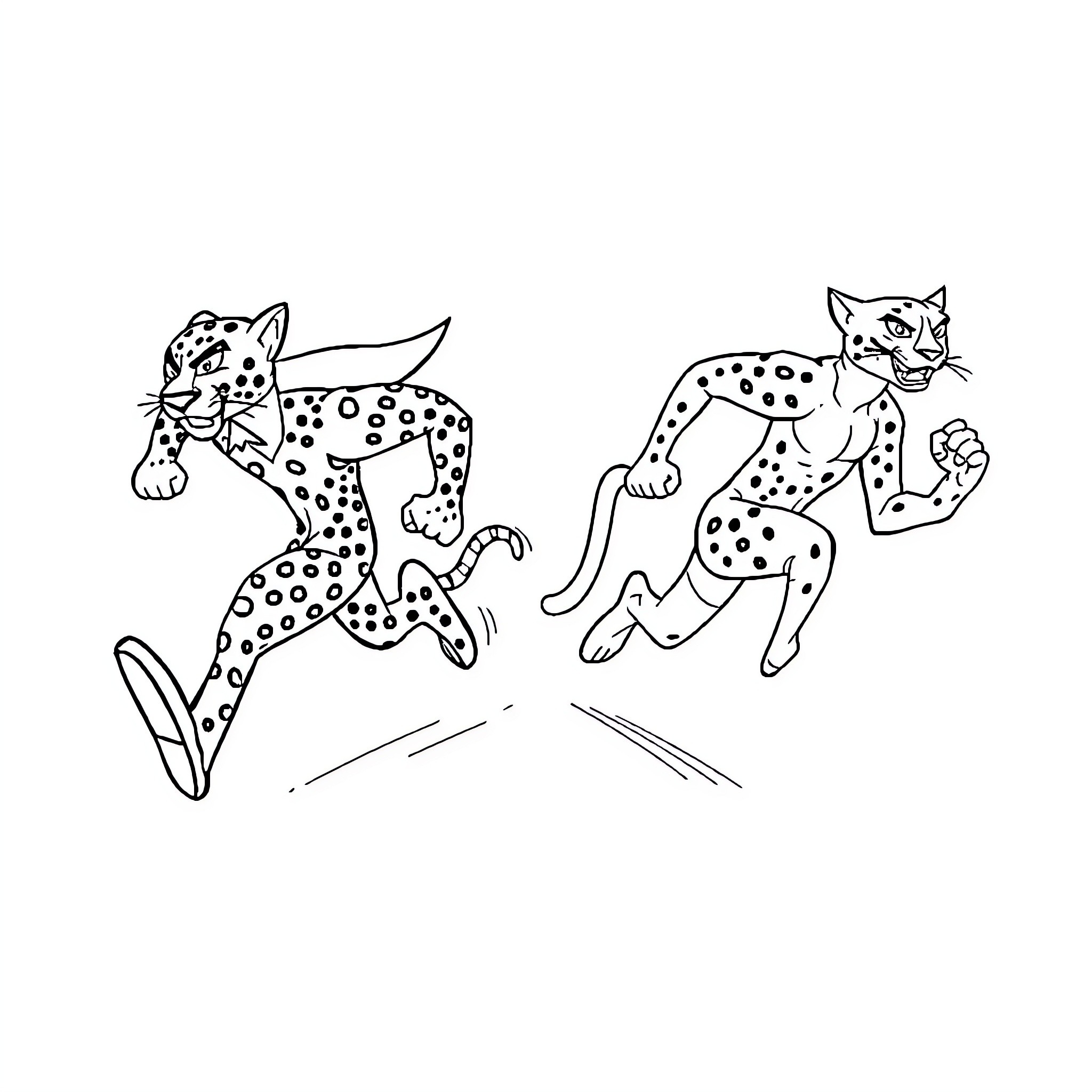 Cheetahs chasing each other in playful motion Coloring Page (free black-and-white line drawing printable PDF for all, from beginners to advanced learners, including children, teens, adults, and seniors)