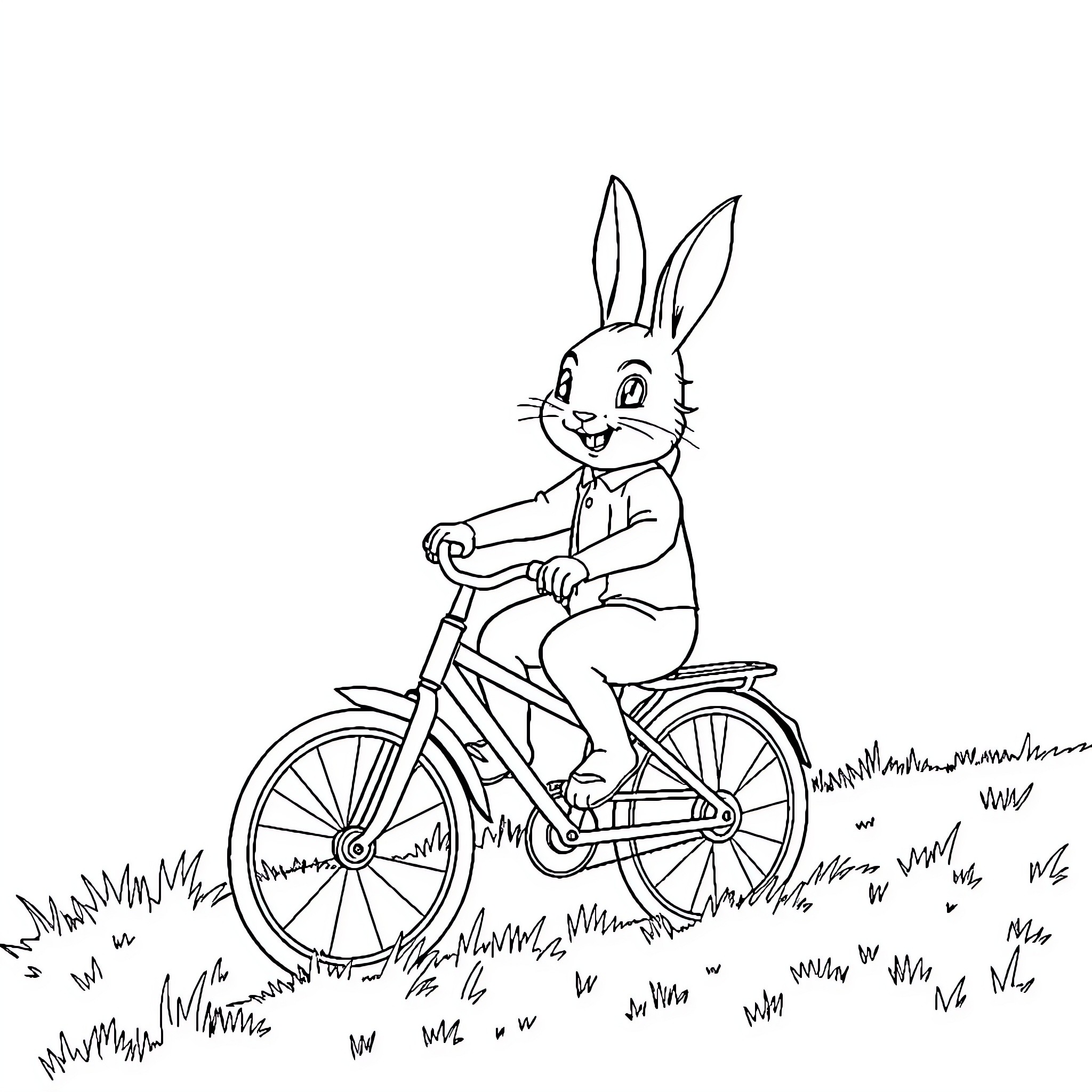Peter Rabbit riding a bicycle in the countryside Coloring Page (free black-and-white line drawing printable PDF for all, from beginners to advanced learners, including children, teens, adults, and seniors)