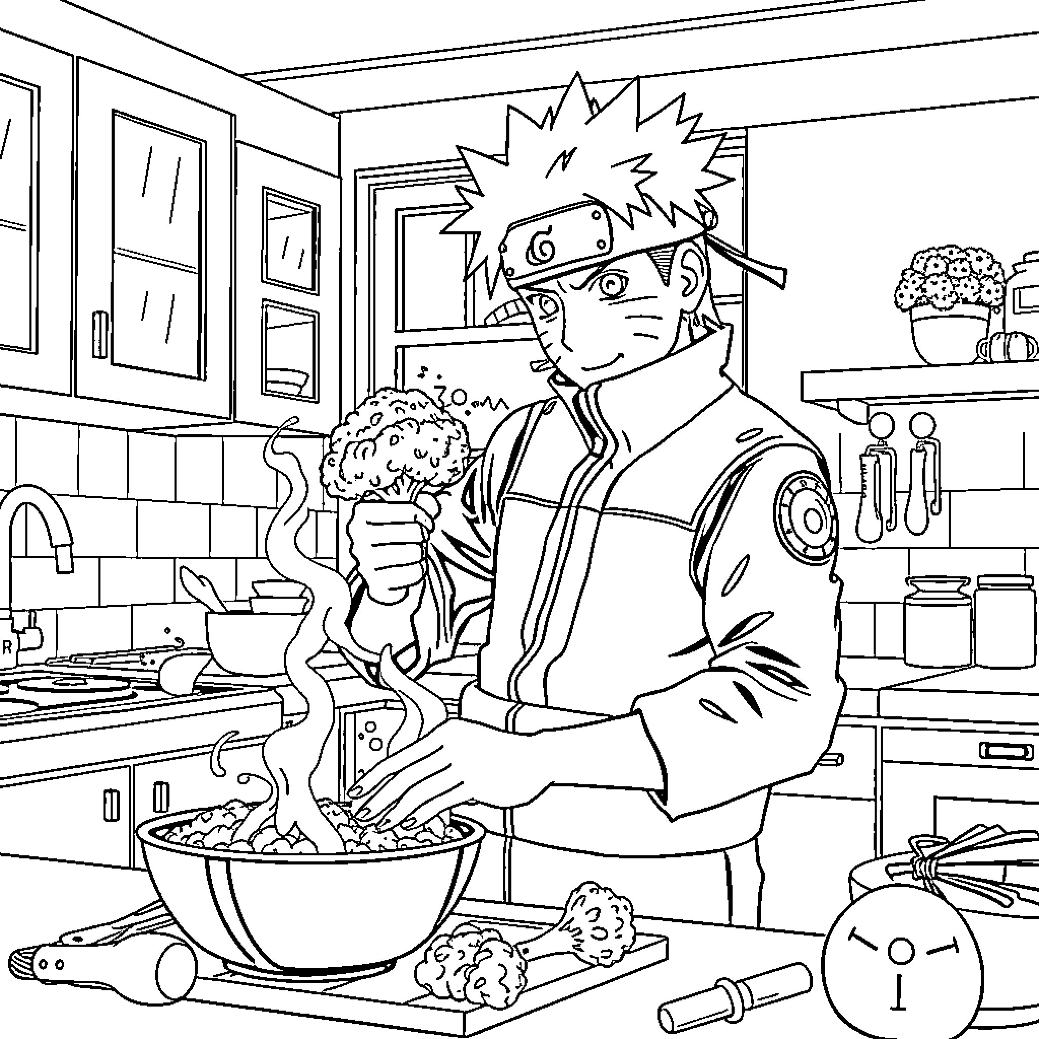 Naruto preparing a hearty meal in the kitchen Coloring Page (free black-and-white line drawing printable PDF for all, from beginners to advanced learners, including children, teens, adults, and seniors)