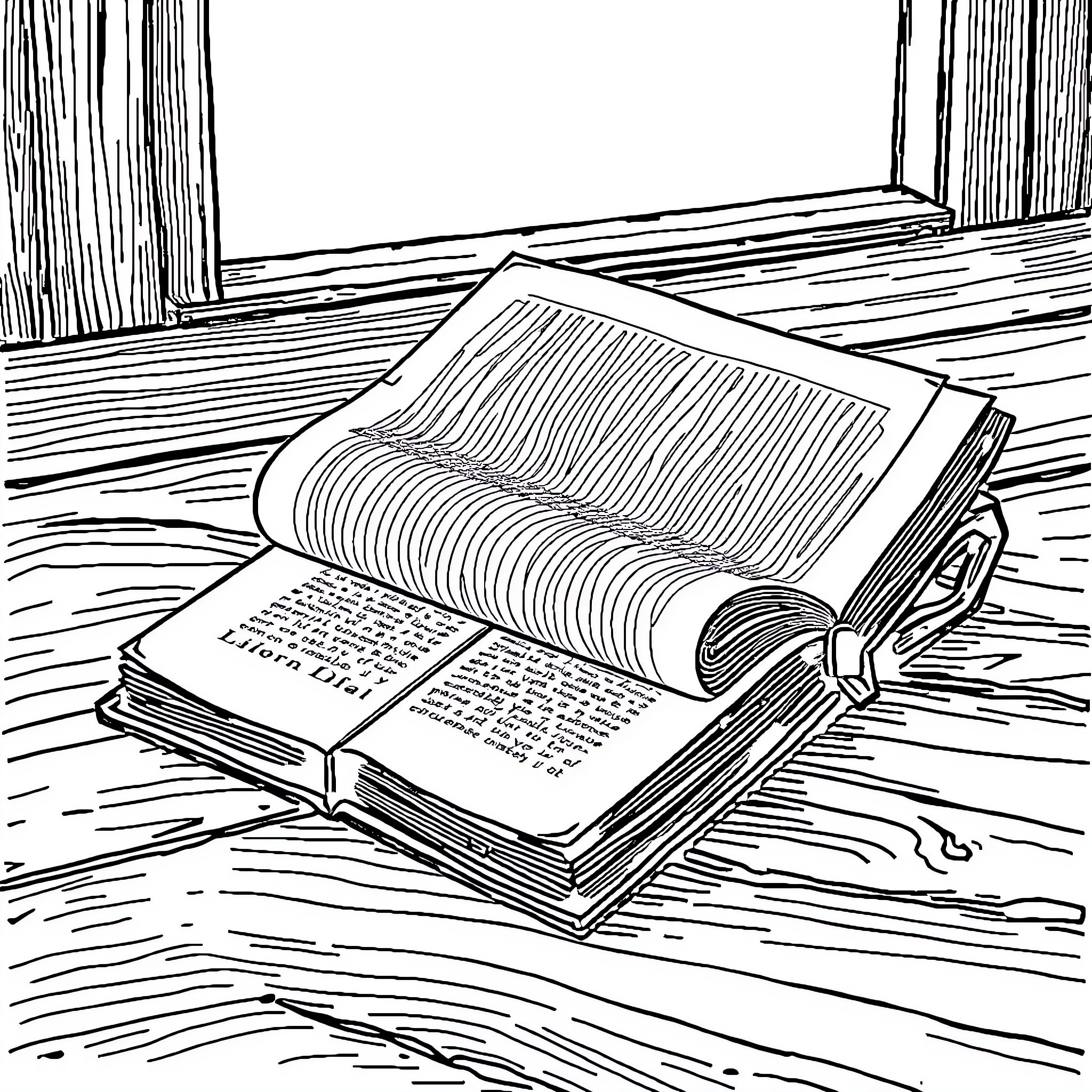 Book lying open on weathered wooden surface Coloring Page (free black-and-white line drawing printable PDF for all, from beginners to advanced learners, including children, teens, adults, and seniors)