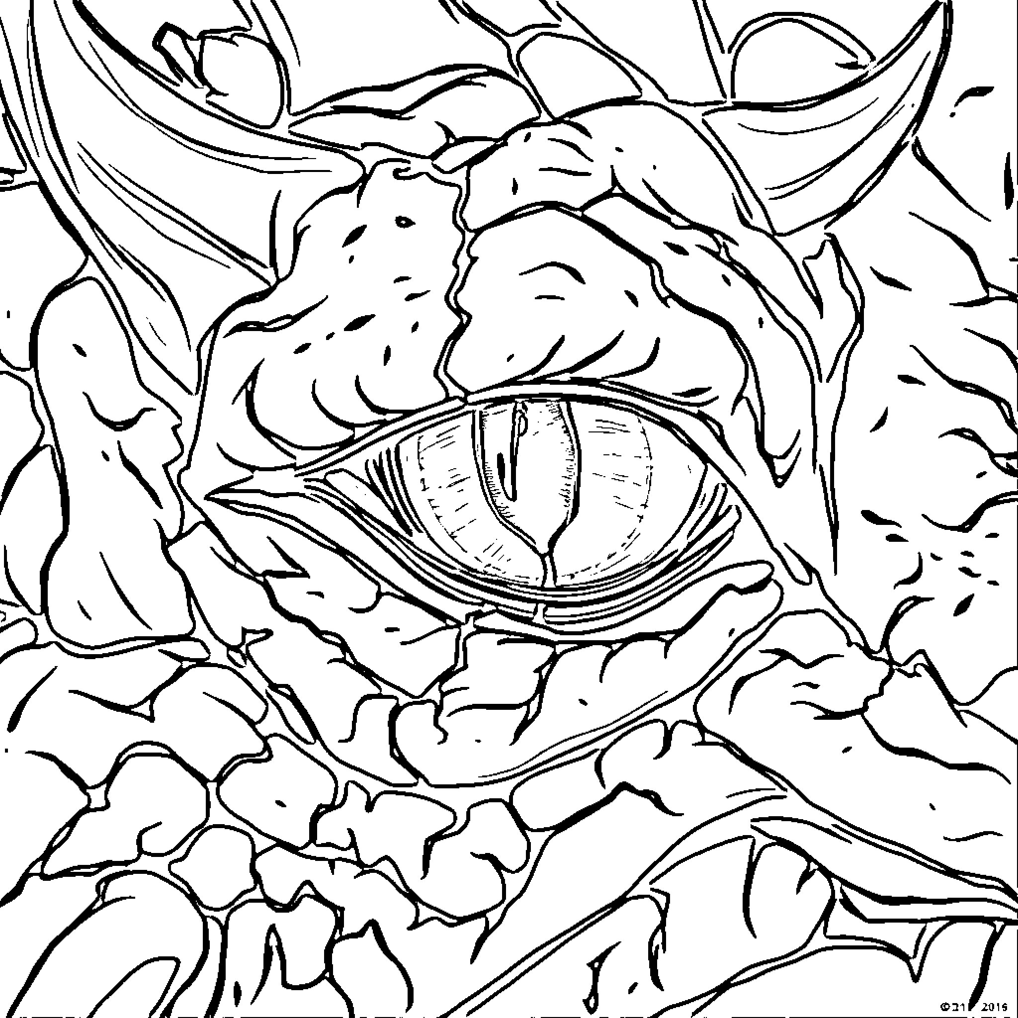 Dragon's Fierce Gaze and Textured Scales Coloring Page (free black-and-white line drawing printable PDF for all, from beginners to advanced learners, including children, teens, adults, and seniors)