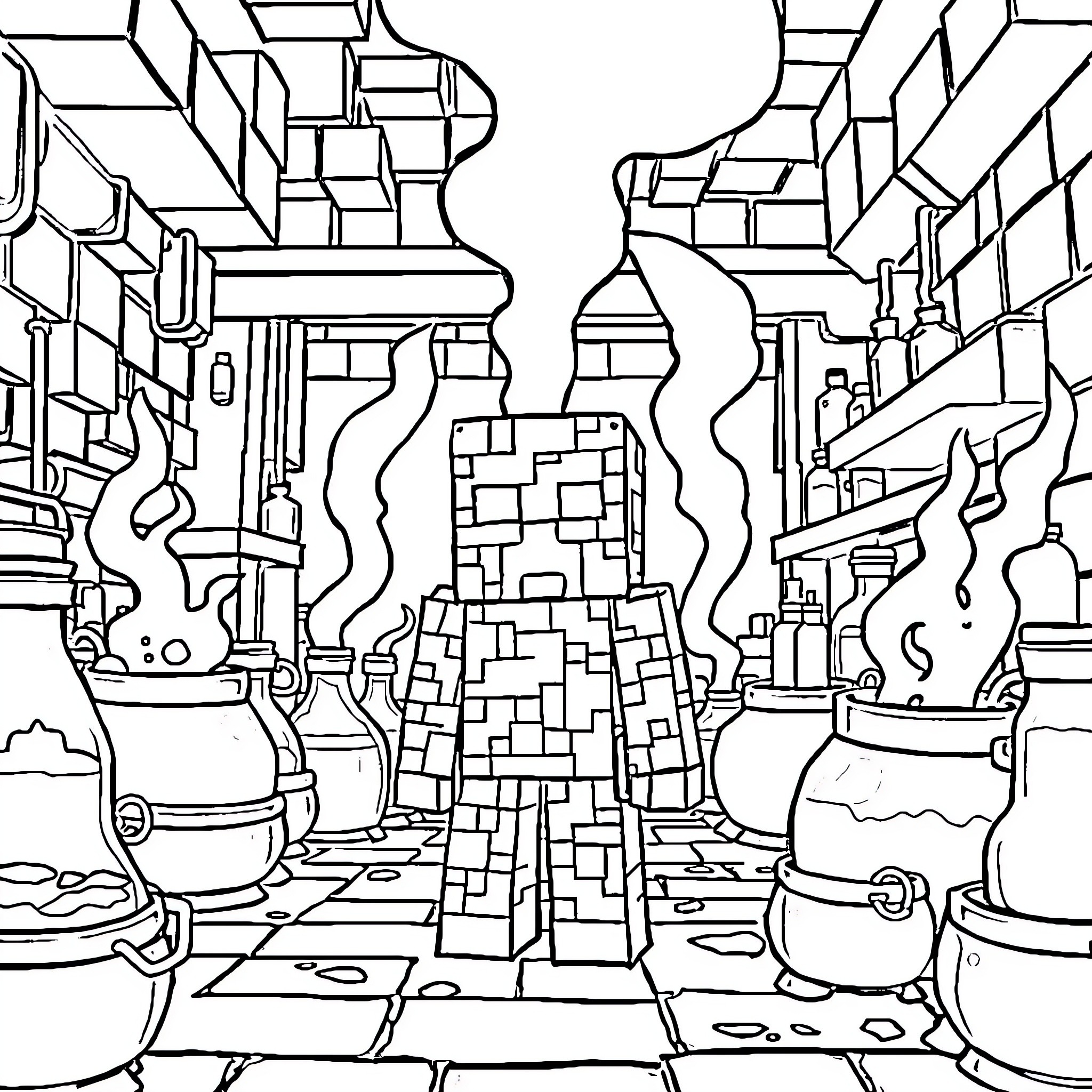 Creeper Exploring Mysterious Ruins and Ruins Coloring Page (free black-and-white line drawing printable PDF for all, from beginners to advanced learners, including children, teens, adults, and seniors)