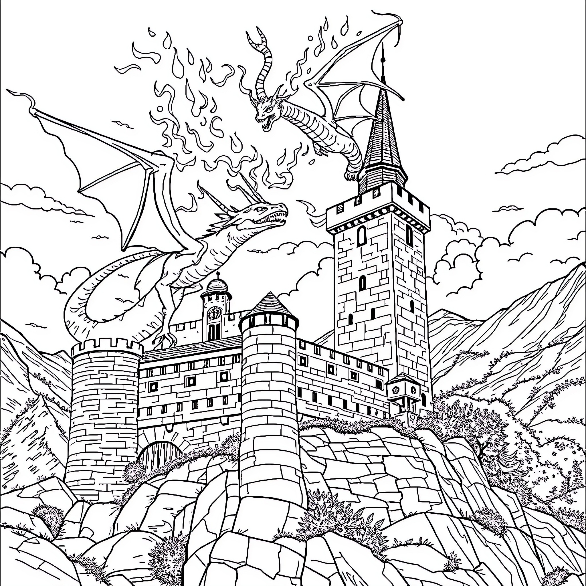 Château with majestic dragon soaring above Coloring Page (free black-and-white line drawing printable PDF for all, from beginners to advanced learners, including children, teens, adults, and seniors)