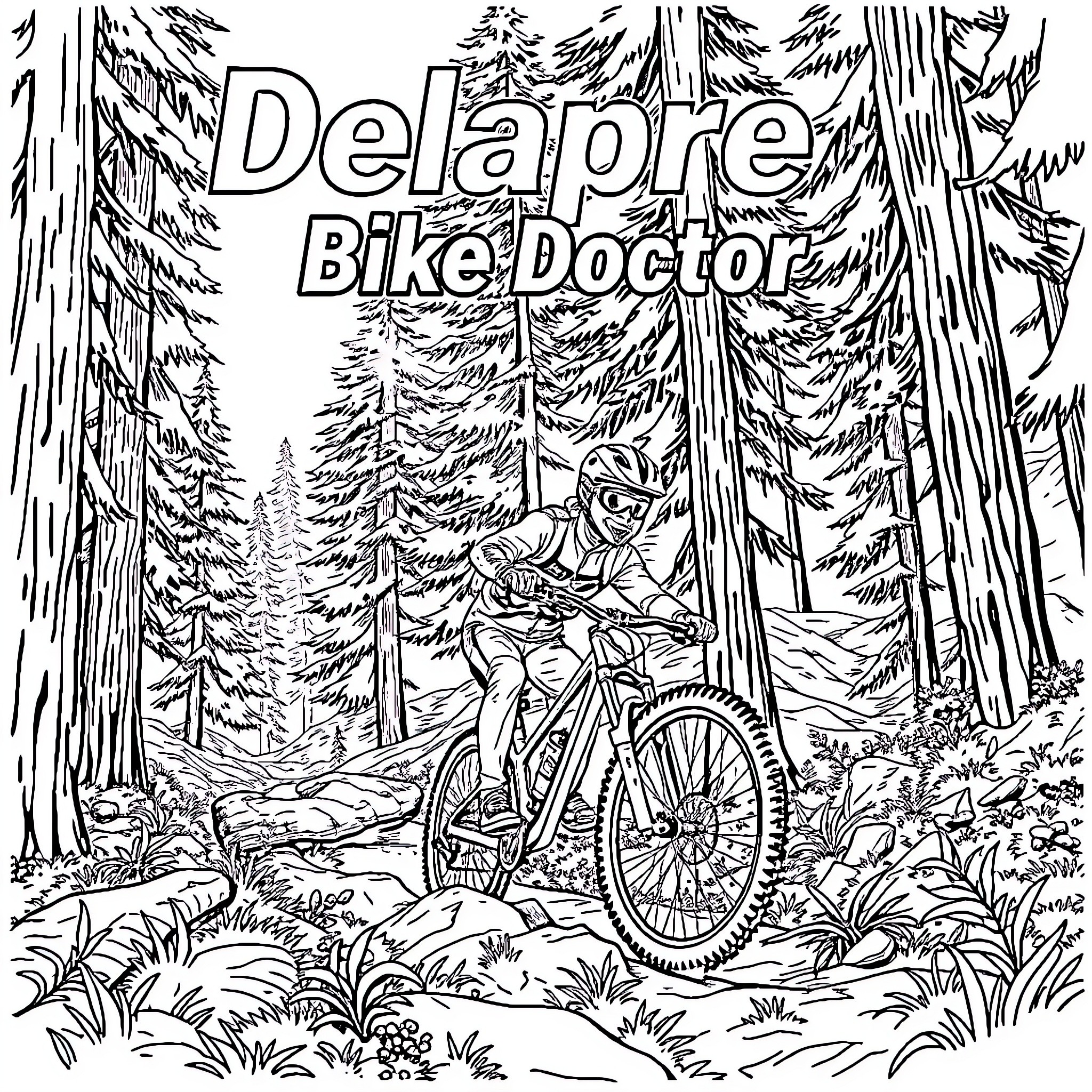Mountain Biker Rides Through Scenic Forest Landscape Coloring Page (free black-and-white line drawing printable PDF for all, from beginners to advanced learners, including children, teens, adults, and seniors)