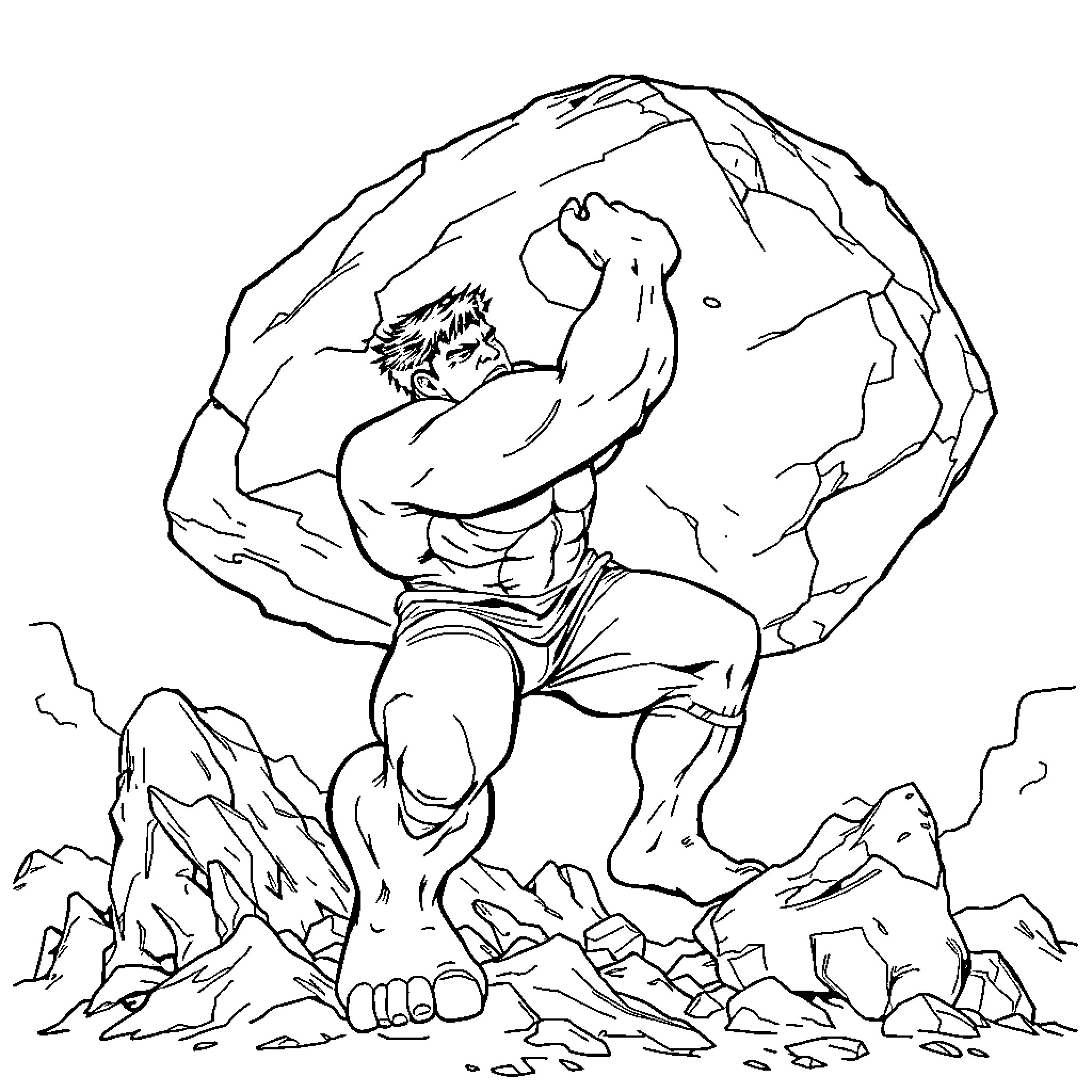 Hulk Lifting Giant Boulder in Rocky Terrain Coloring Page (free black-and-white line drawing printable PDF for all, from beginners to advanced learners, including children, teens, adults, and seniors)