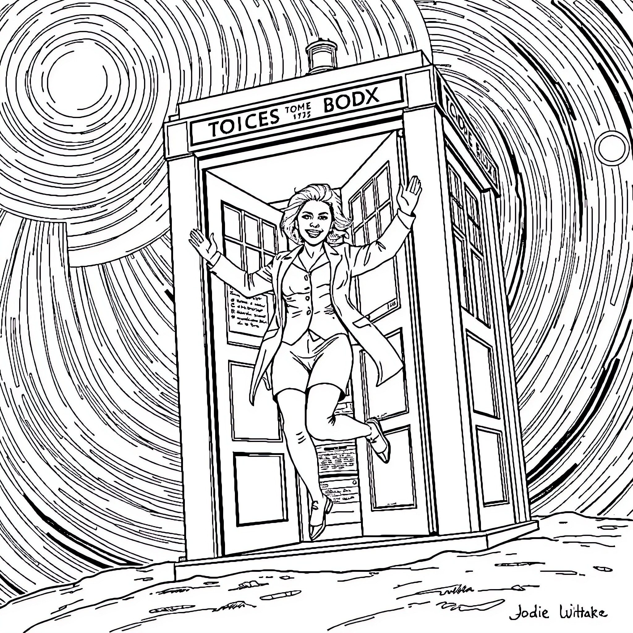 Doctor in a Whimsical TARDIS Scene Coloring Page (free black-and-white line drawing printable PDF for all, from beginners to advanced learners, including children, teens, adults, and seniors)