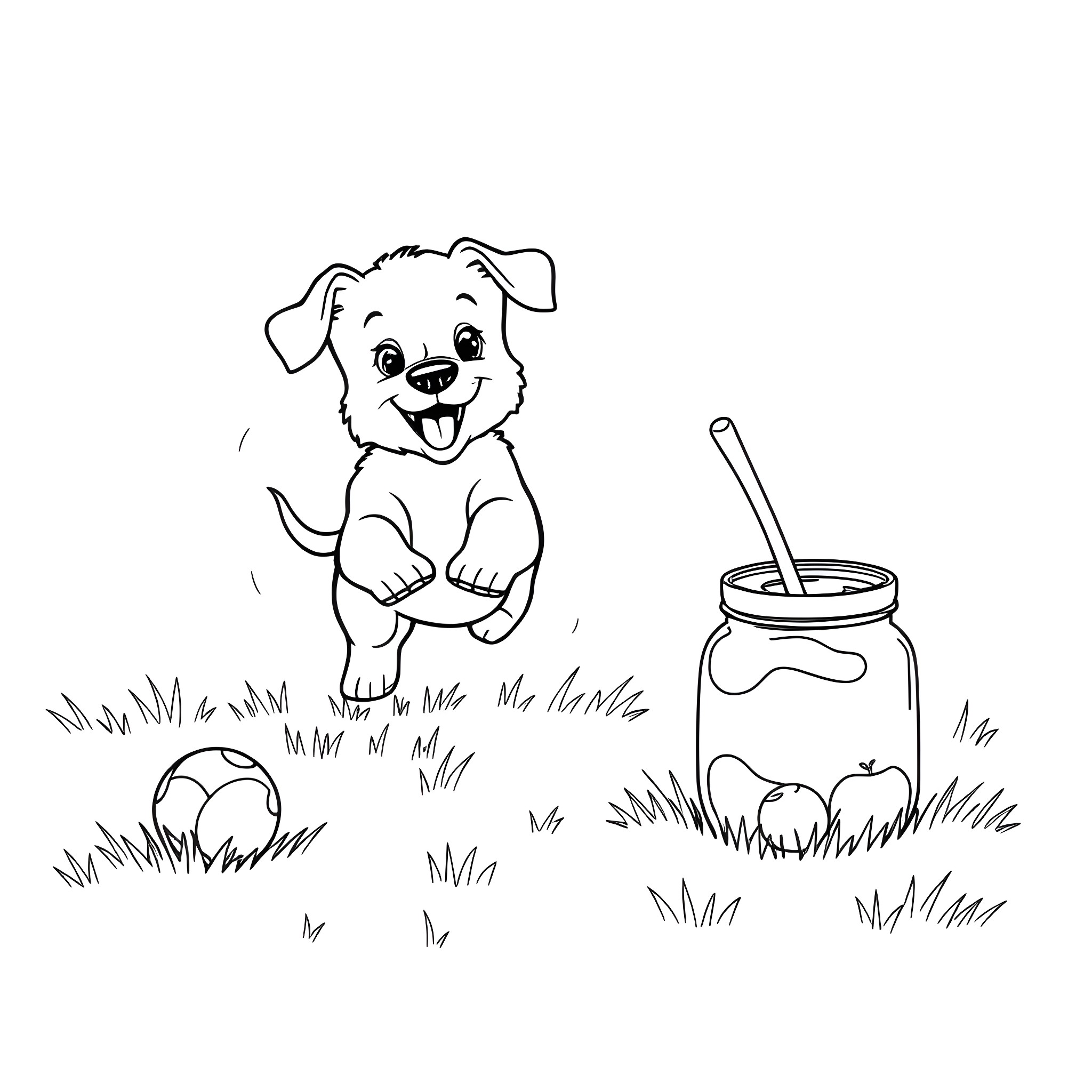 Puppy playing with toys in the park Coloring Page (free black-and-white line drawing printable PDF for all, from beginners to advanced learners, including children, teens, adults, and seniors)