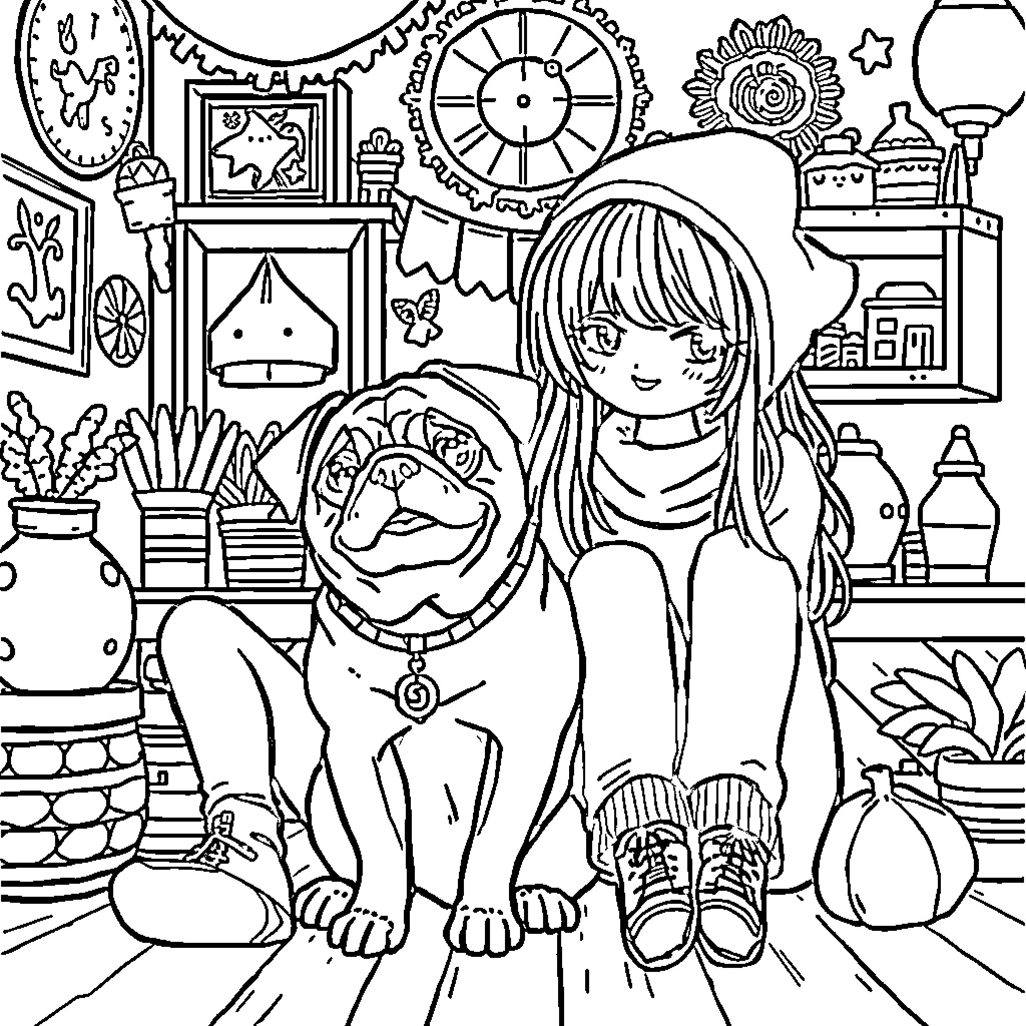 Pug and girl in a whimsical workshop Coloring Page (free black-and-white line drawing printable PDF for all, from beginners to advanced learners, including children, teens, adults, and seniors)
