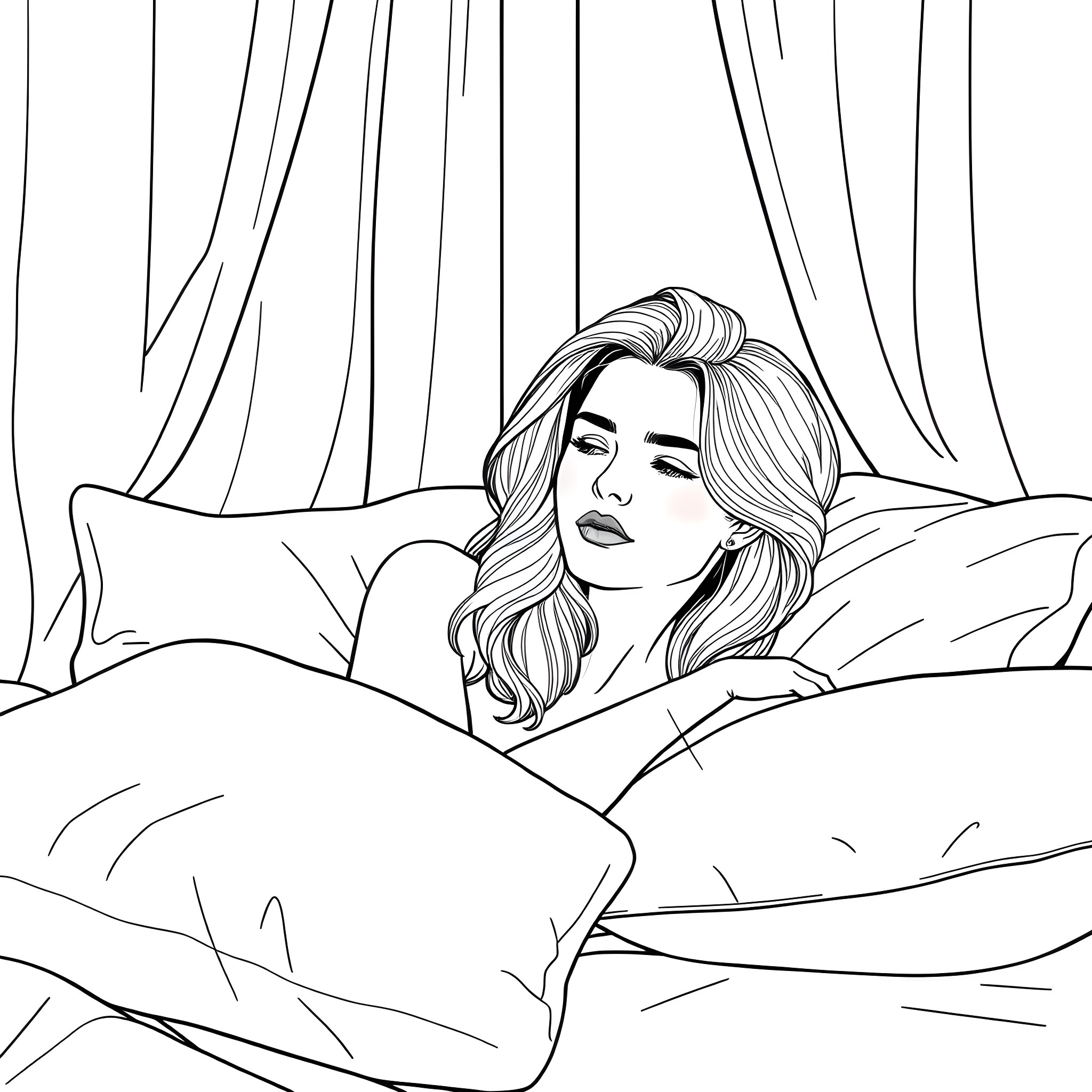 Woman resting comfortably on a bed Coloring Page (free black-and-white line drawing printable PDF for all, from beginners to advanced learners, including children, teens, adults, and seniors)