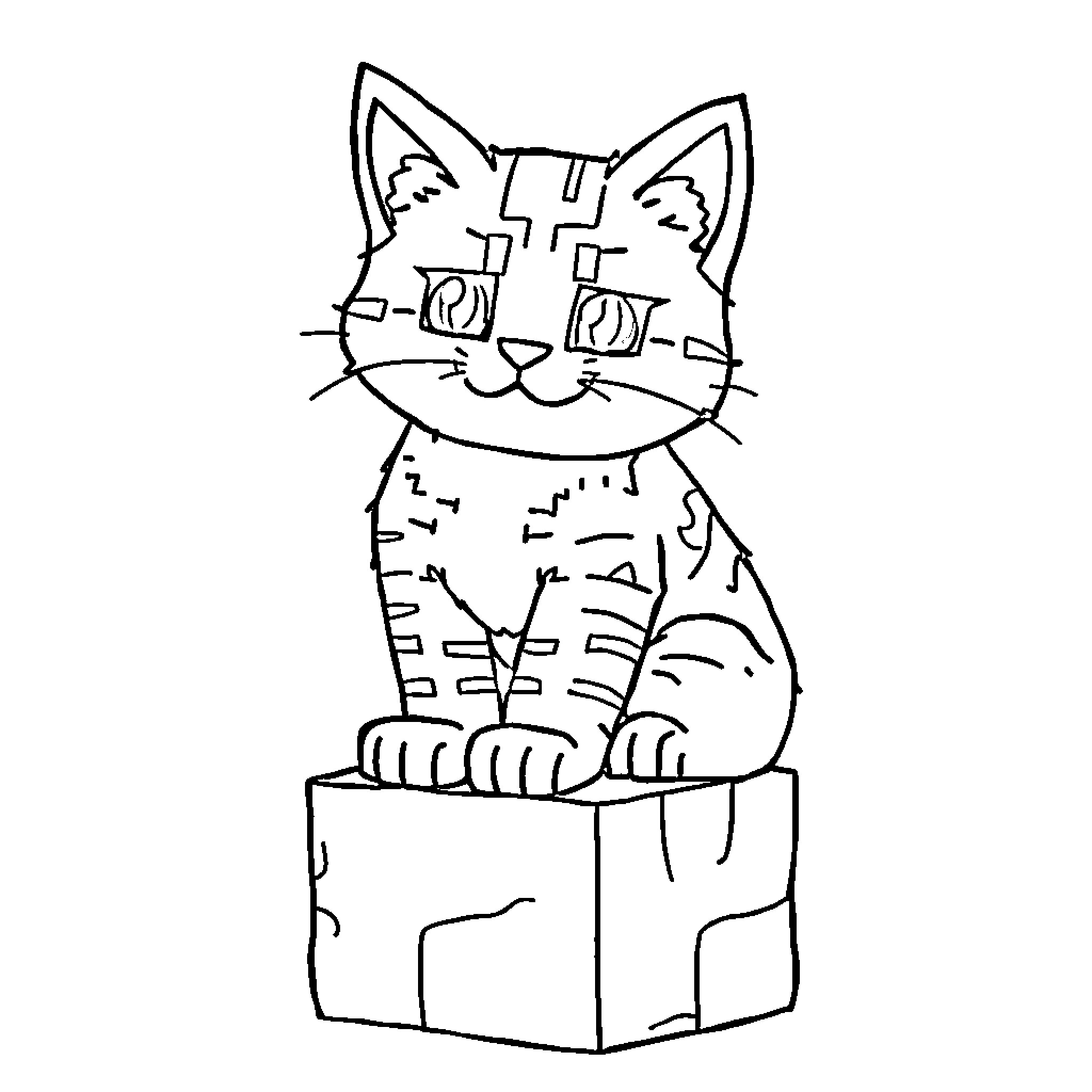 Cat sitting on a box Coloring Page (free black-and-white line drawing printable PDF for all, from beginners to advanced learners, including children, teens, adults, and seniors)