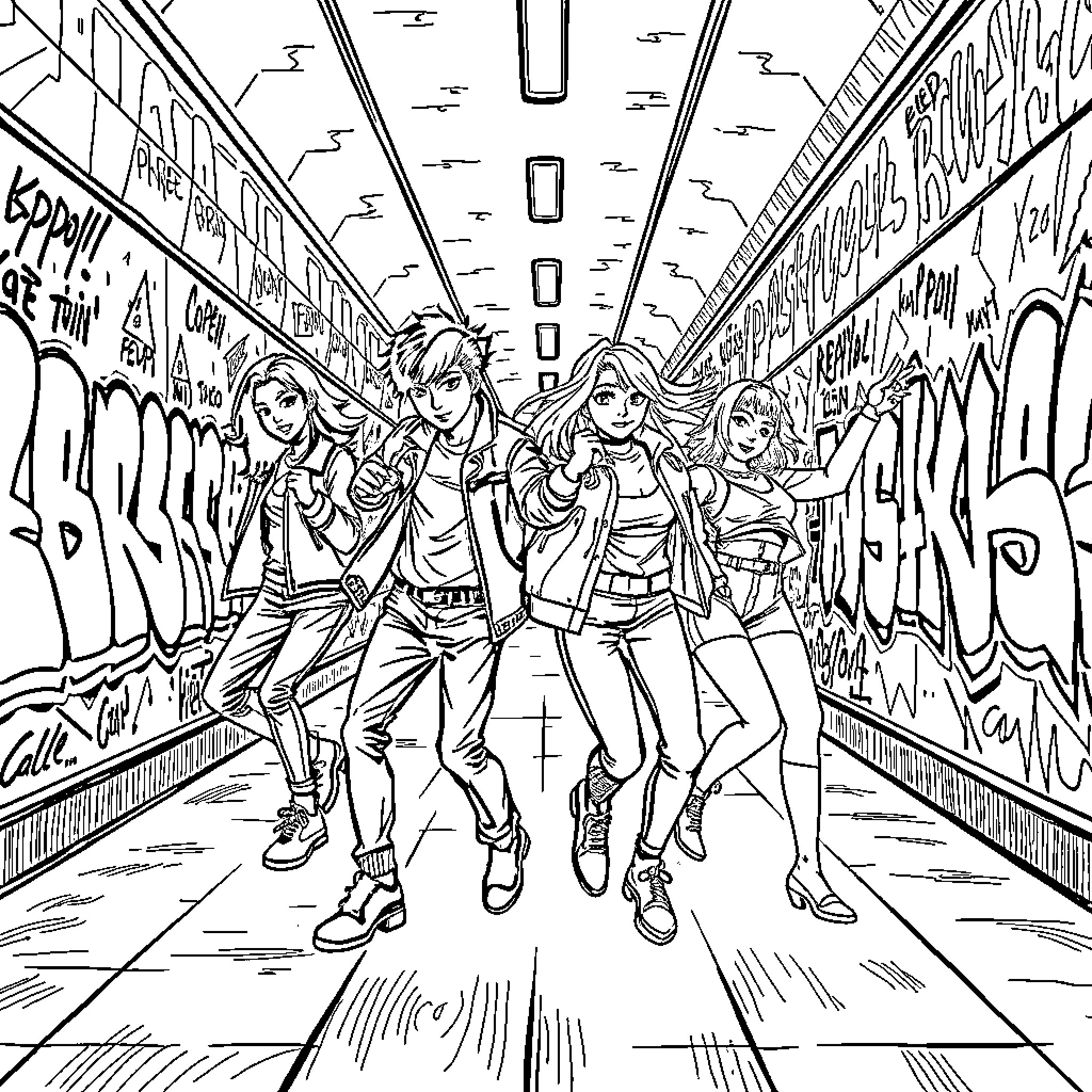 Kpop Stars Strutting Through the City Streets Coloring Page (free black-and-white line drawing printable PDF for all, from beginners to advanced learners, including children, teens, adults, and seniors)