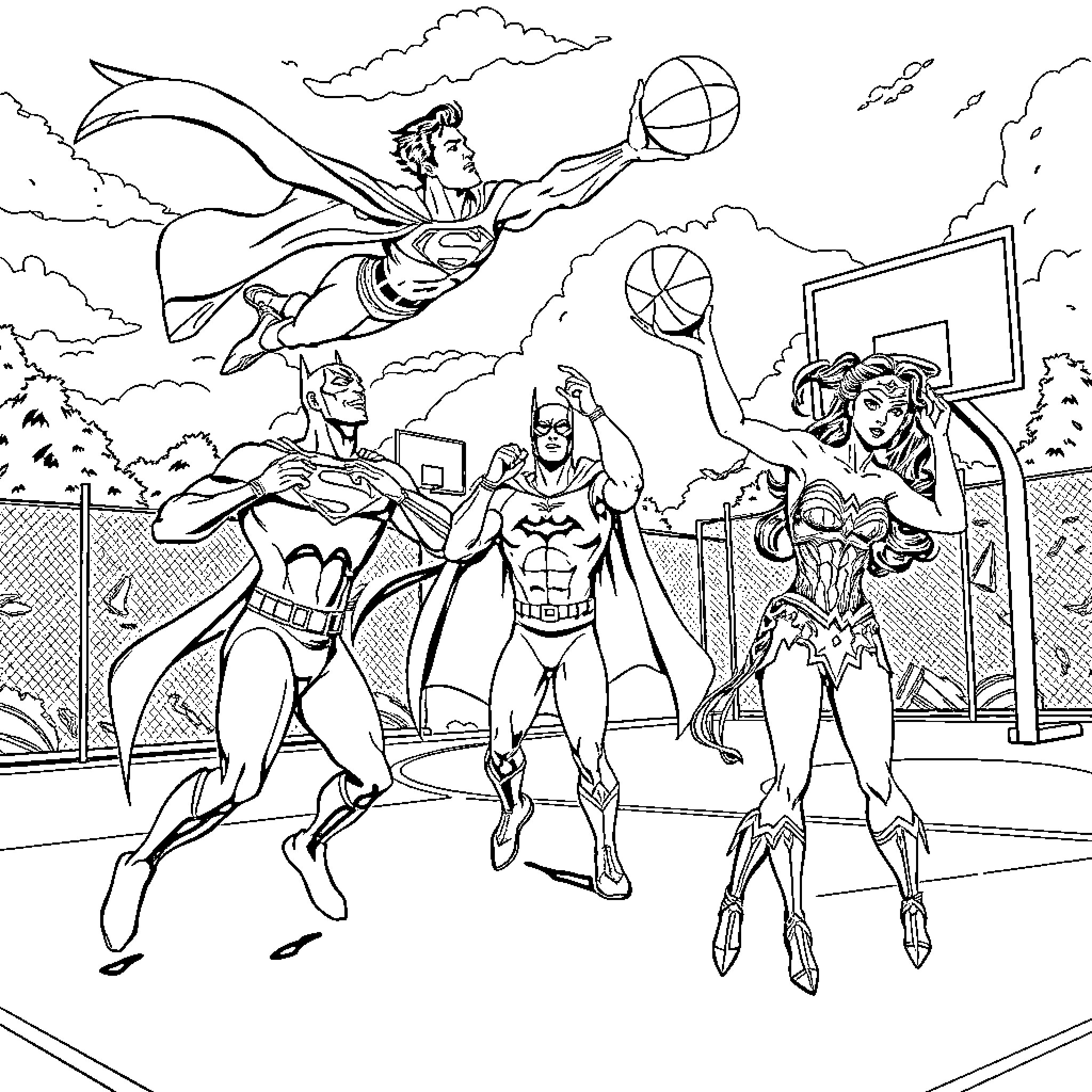 Justice League Superheroes in Action on the Court Coloring Page (free black-and-white line drawing printable PDF for all, from beginners to advanced learners, including children, teens, adults, and seniors)