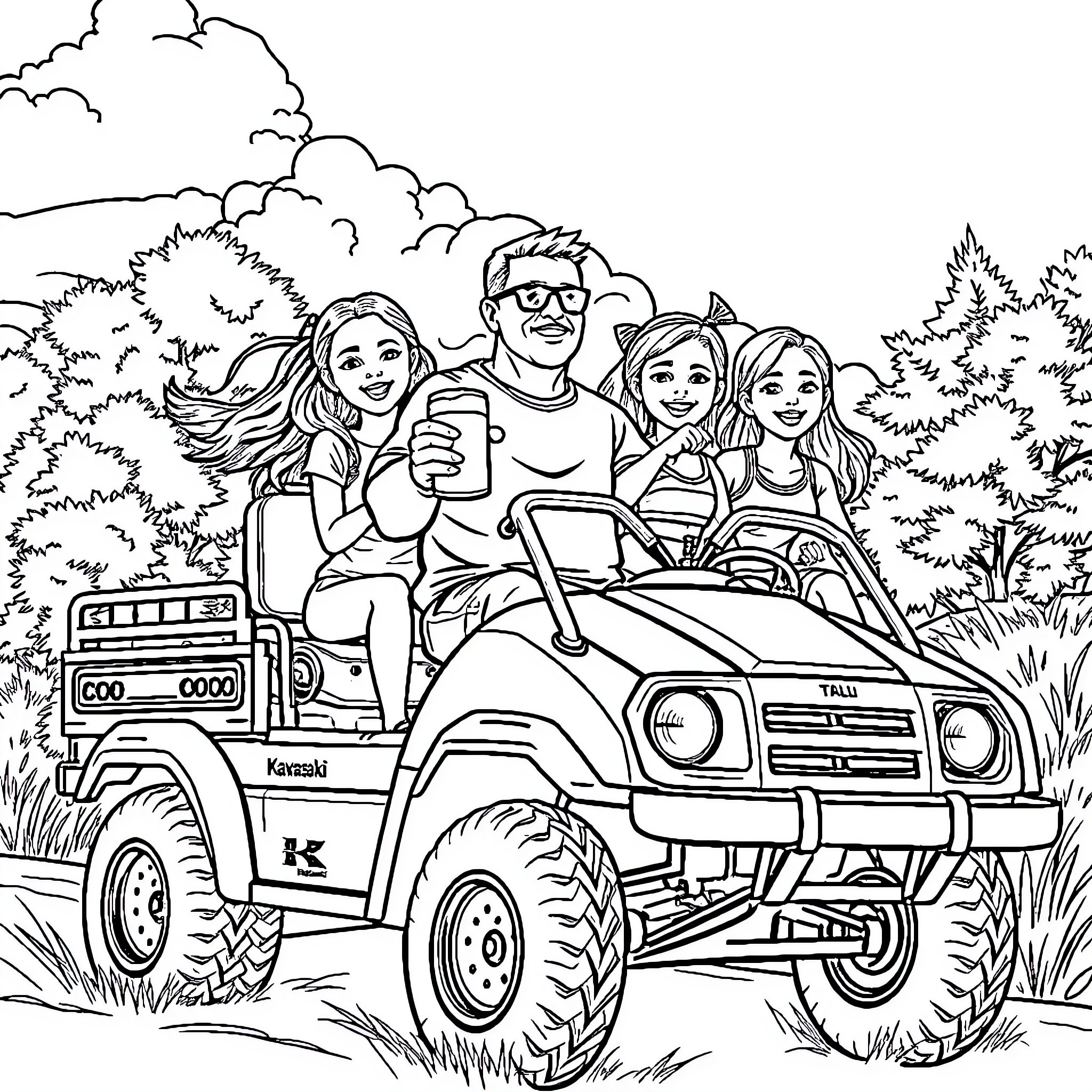Dad and family enjoying off-road adventure in the countryside Coloring Page (free black-and-white line drawing printable PDF for all, from beginners to advanced learners, including children, teens, adults, and seniors)