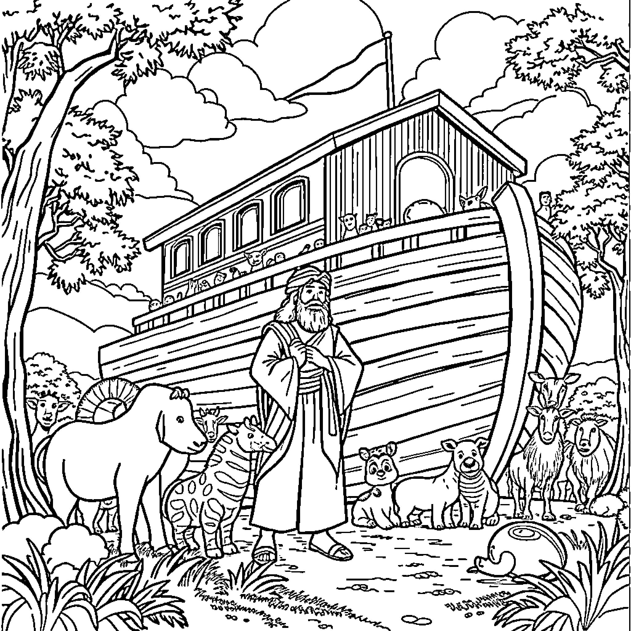 Noah and the Animals in the Ark Coloring Page (free black-and-white line drawing printable PDF for all, from beginners to advanced learners, including children, teens, adults, and seniors)