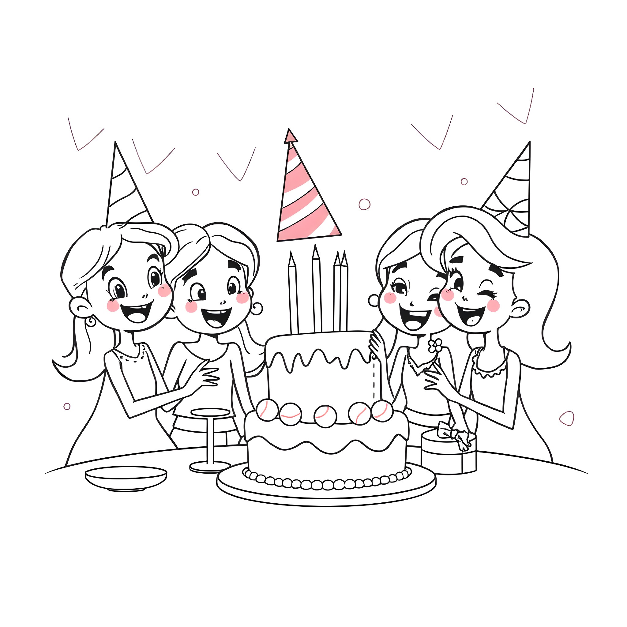 Blue Color Birthday Party Fun with Friends Coloring Page (free black-and-white line drawing printable PDF for all, from beginners to advanced learners, including children, teens, adults, and seniors)