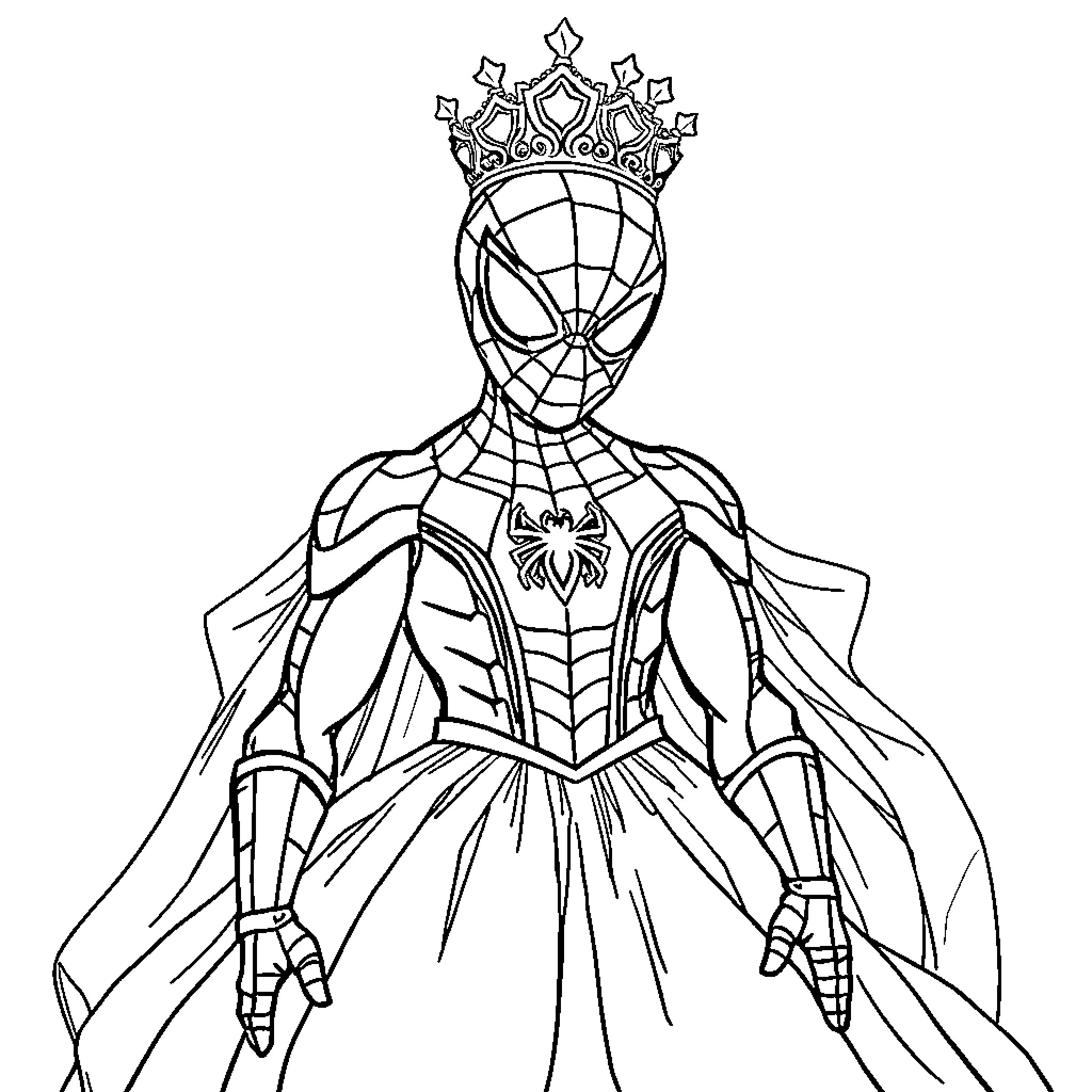 Spiderman in royal attire with crown Coloring Page (free black-and-white line drawing printable PDF for all, from beginners to advanced learners, including children, teens, adults, and seniors)