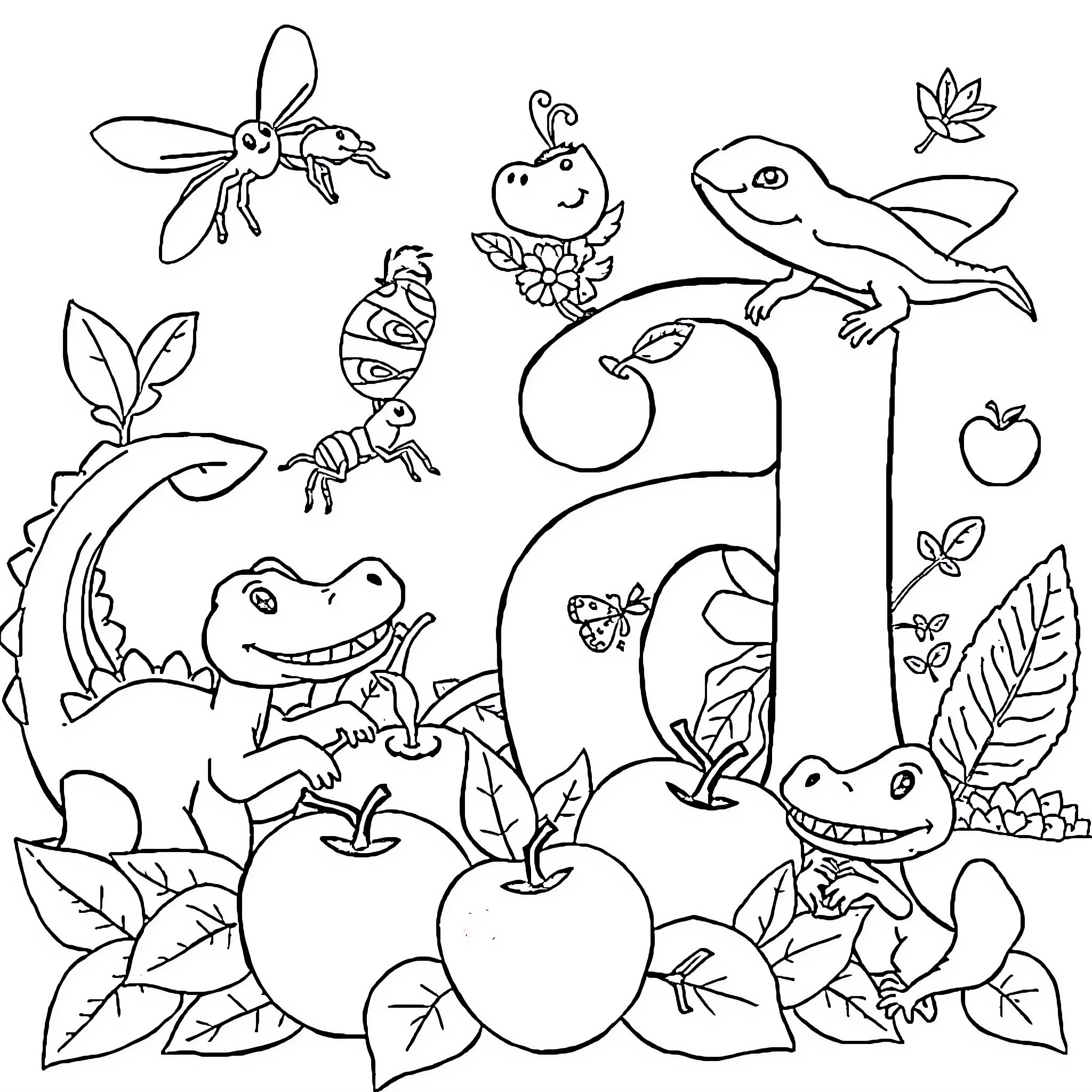 Letter A: Delightful Animals in a Lush Garden Coloring Page (free black-and-white line drawing printable PDF for all, from beginners to advanced learners, including children, teens, adults, and seniors)