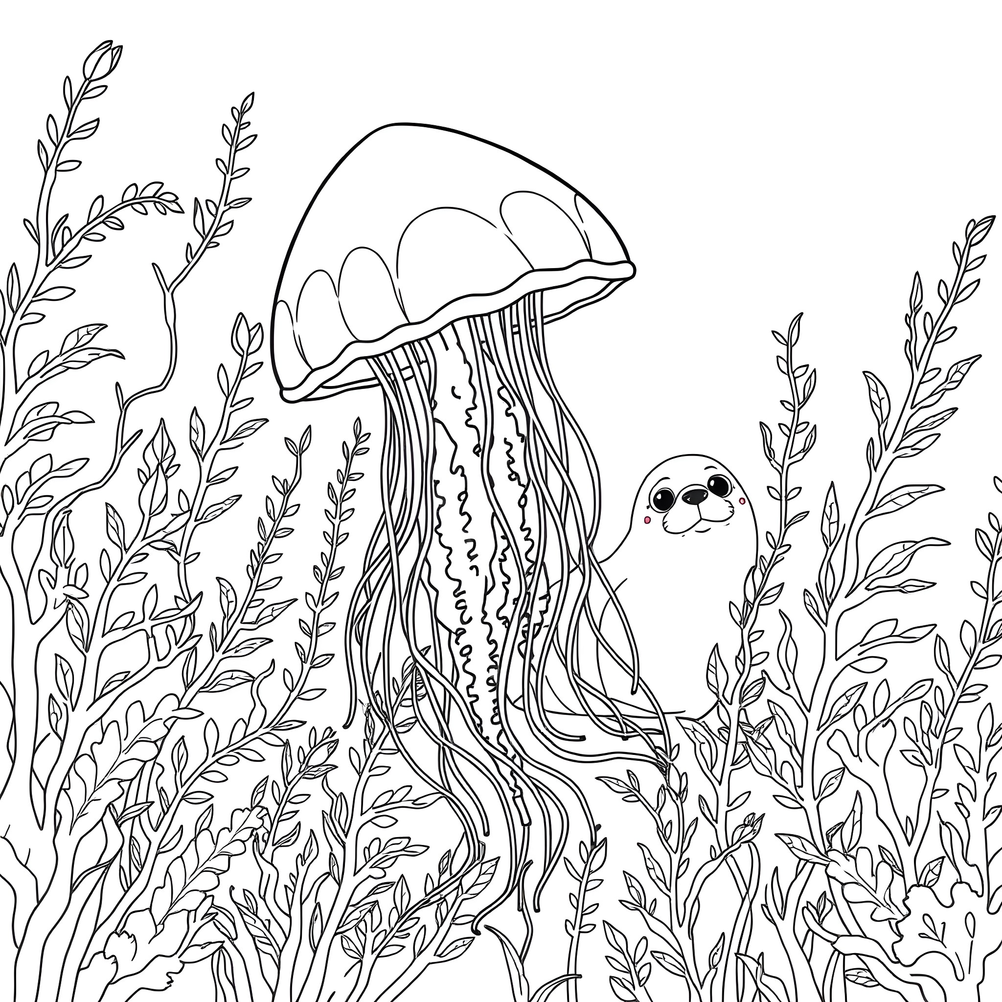 Jellyfish swimming gracefully among seaweed and plants Coloring Page (free black-and-white line drawing printable PDF for all, from beginners to advanced learners, including children, teens, adults, and seniors)