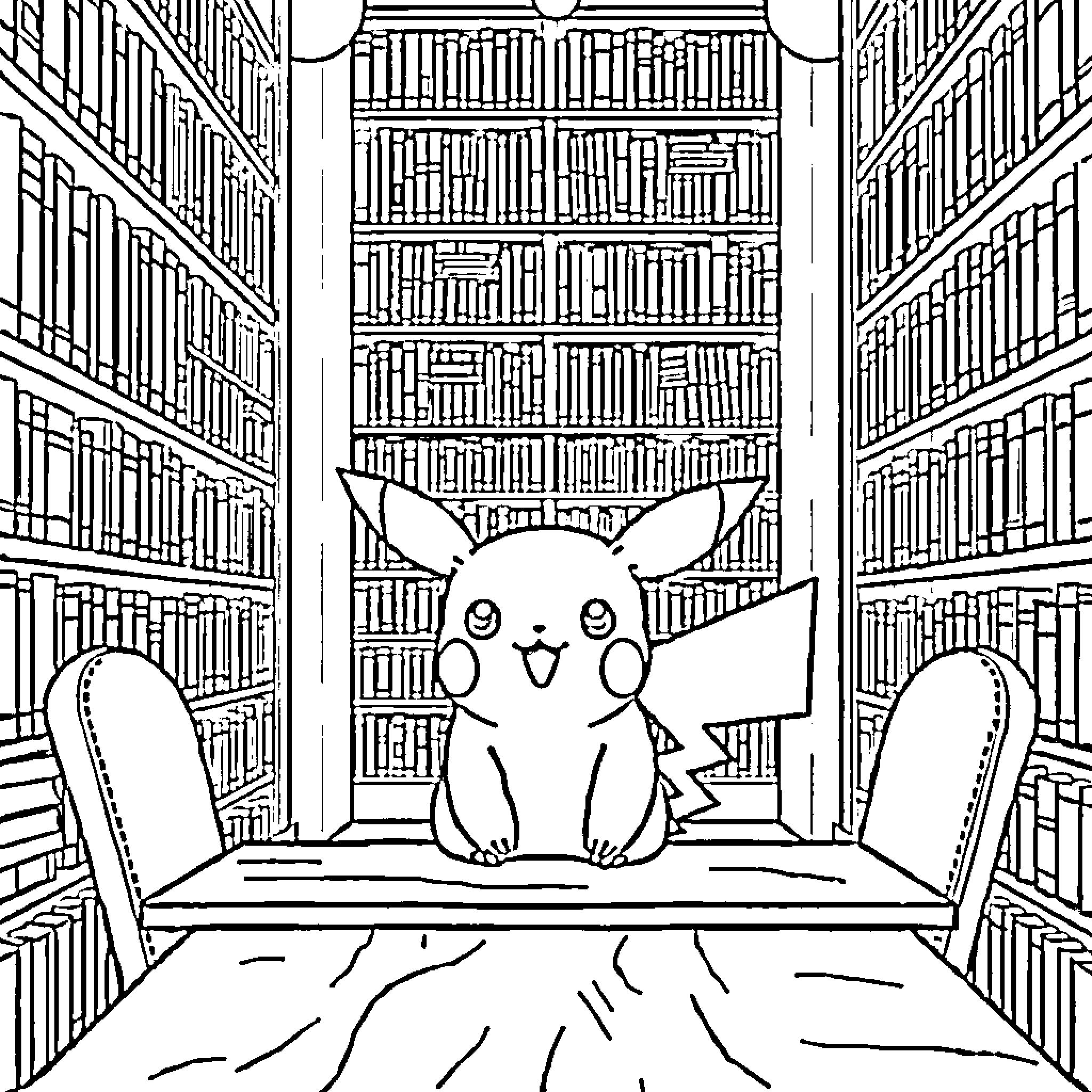 Pikachu relaxing in a cozy library Coloring Page (free black-and-white line drawing printable PDF for all, from beginners to advanced learners, including children, teens, adults, and seniors)